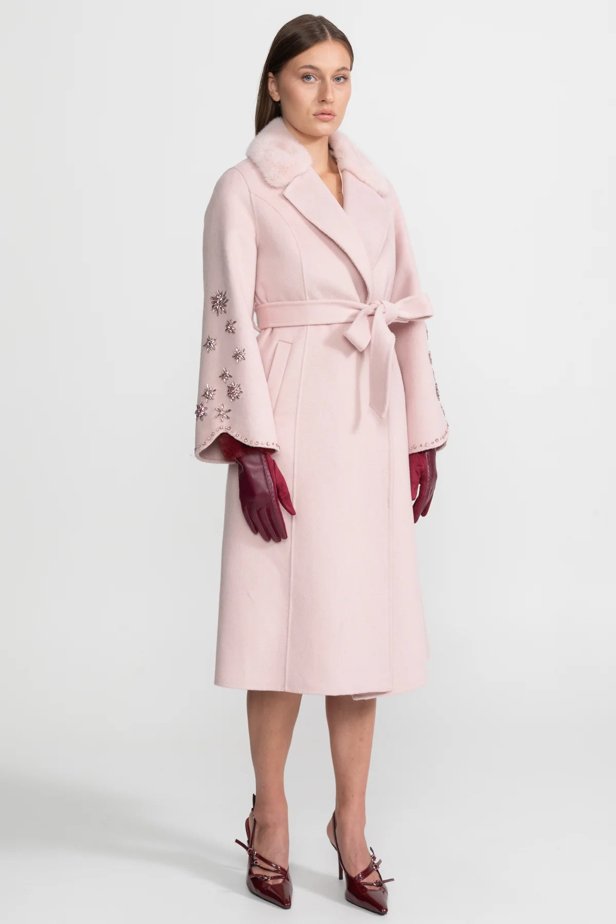 Embellished Wool Overcoat With Fox Fur Collar – Pink