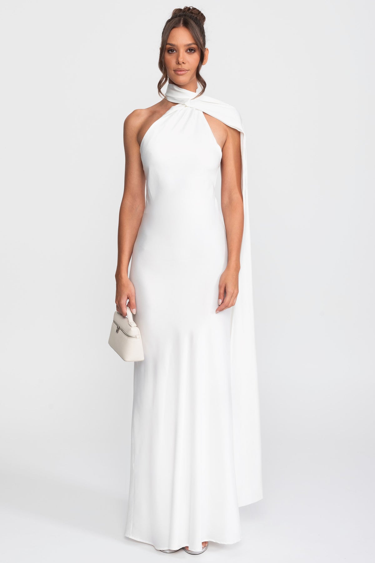 Robe nuisette en satin à col halter torsadé avec décolleté asymétrique - Blanc 