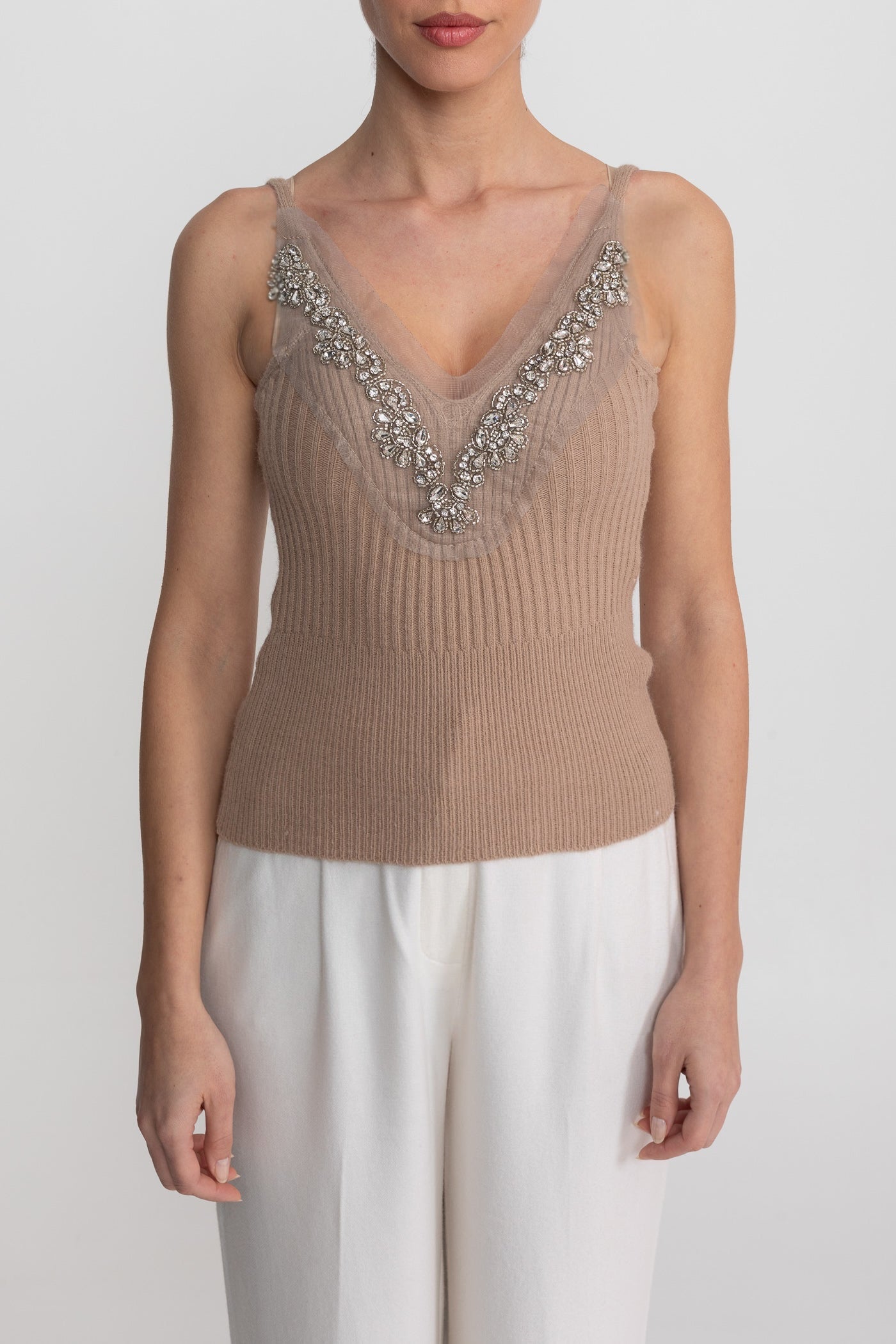 Ensemble Deux Pièces en Maille avec Ornements en Cristal et Poignets Bordés - Beige 