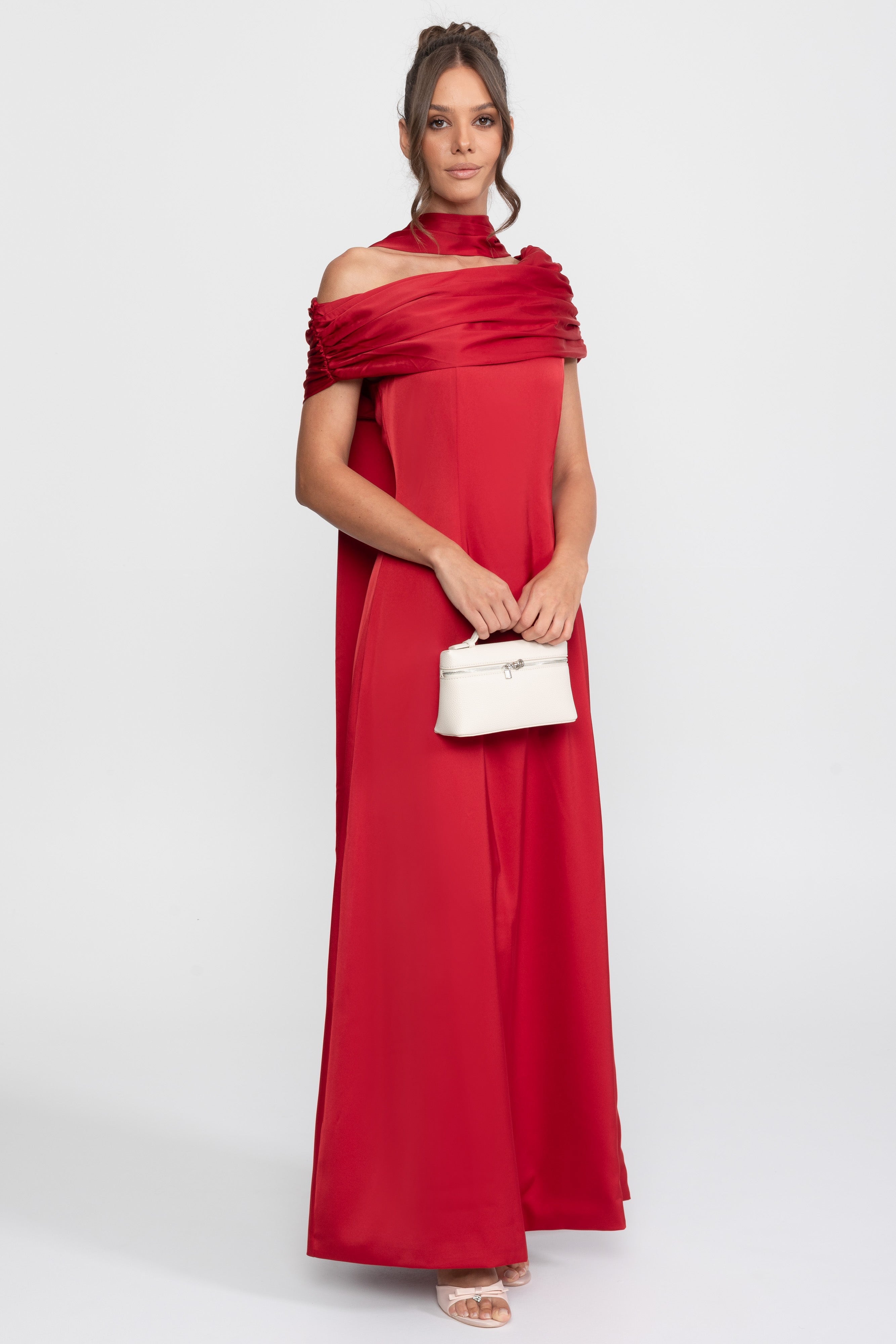Robe en satin drapée à une épaule avec effet cache-cœur froncé - Rouge 