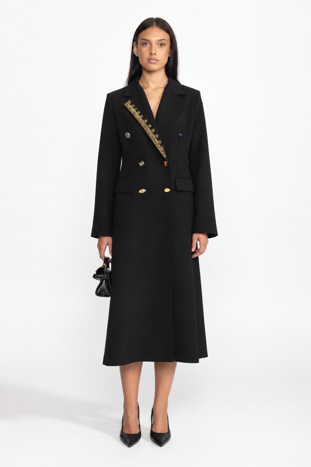 Manteau long croisé à revers ornés - noir 