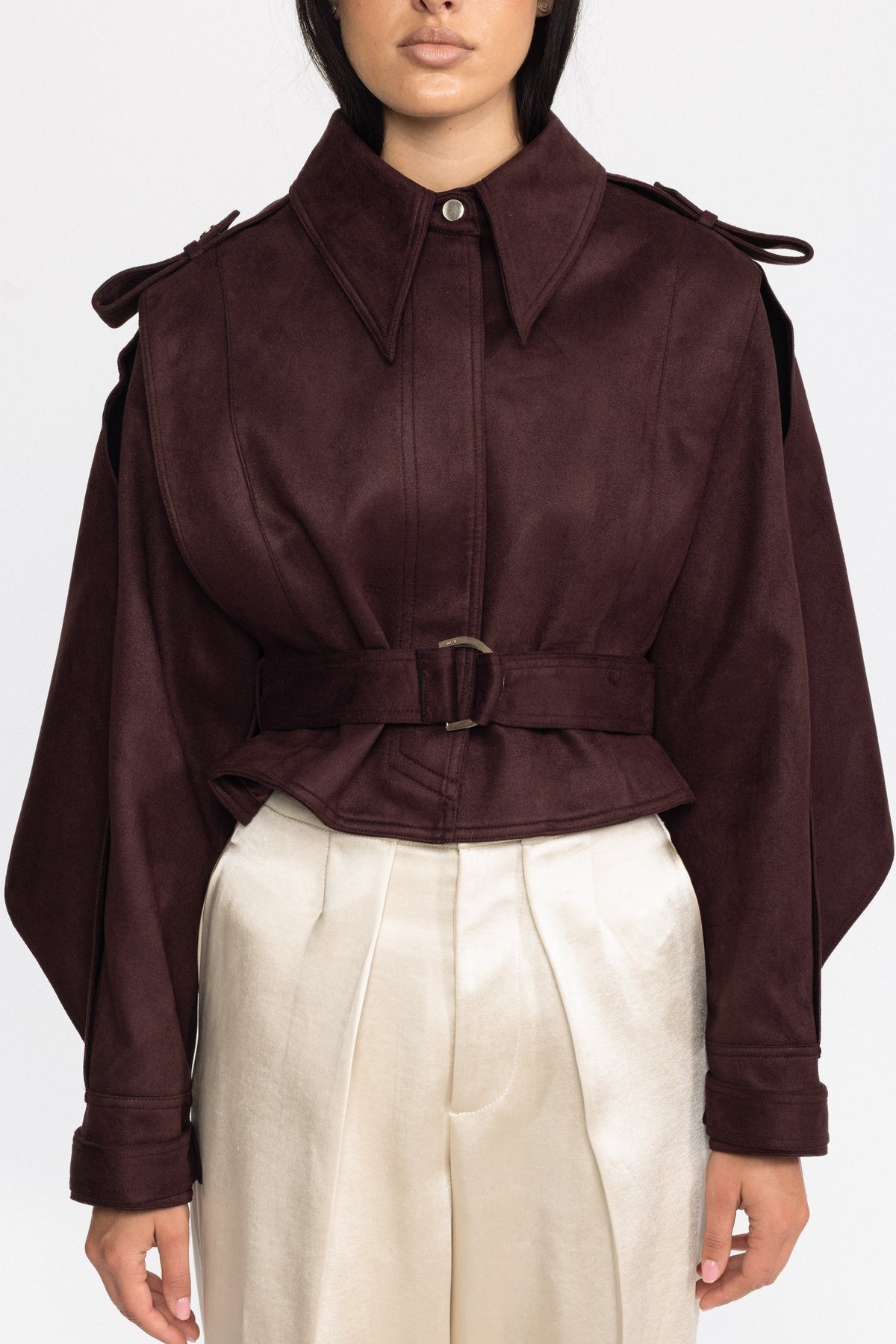 Cape-jacket en daim ceinturée - bordeaux 