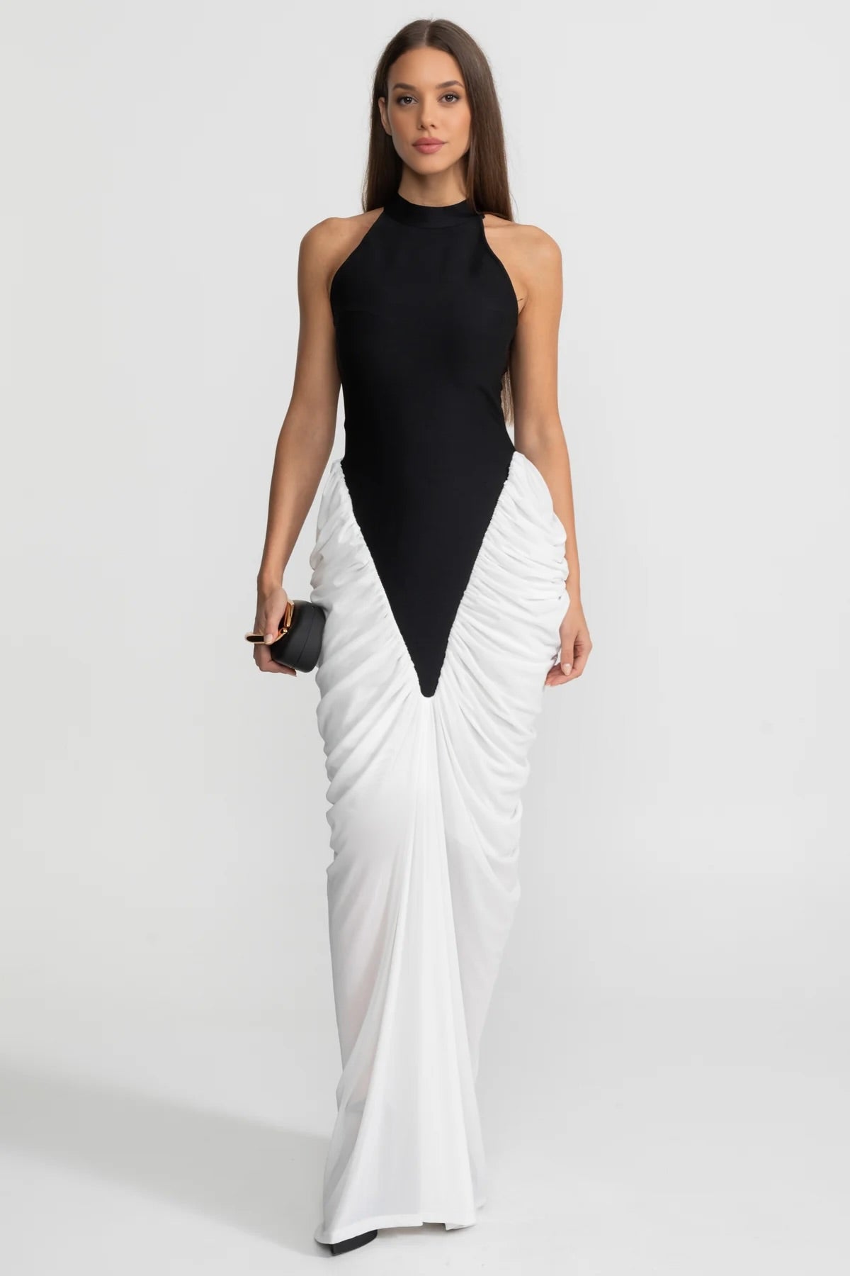 Halter Maxi Dress with  Contrasting Ruched Paneling - Black/White