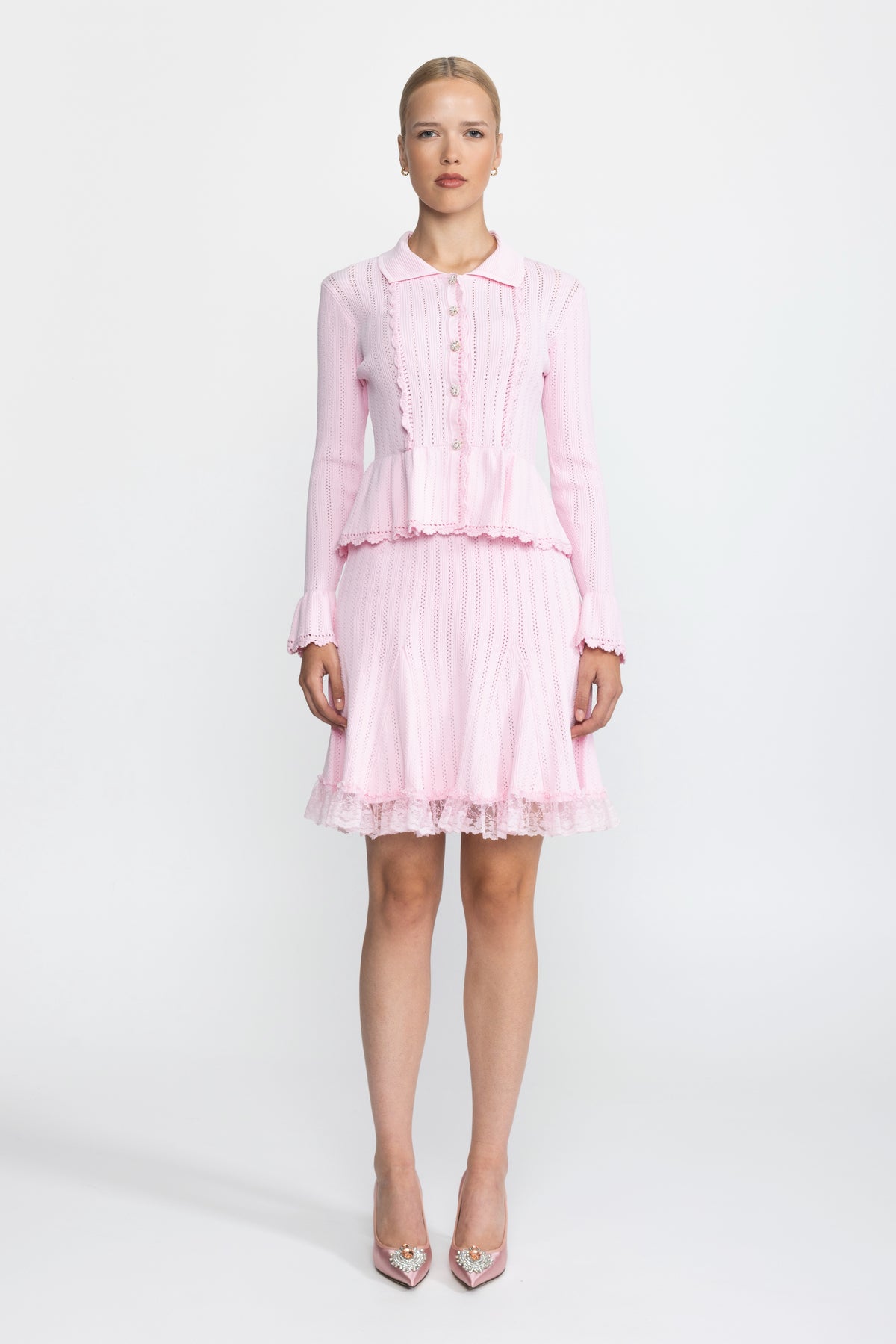 Ensemble coordonné cardigan péplum en maille pointelle et jupe à ourlet en dentelle - Rose 
