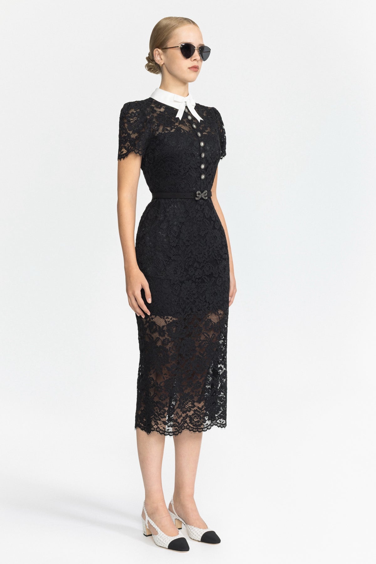 Corded Lace Bow Collar Midi Dress - Black