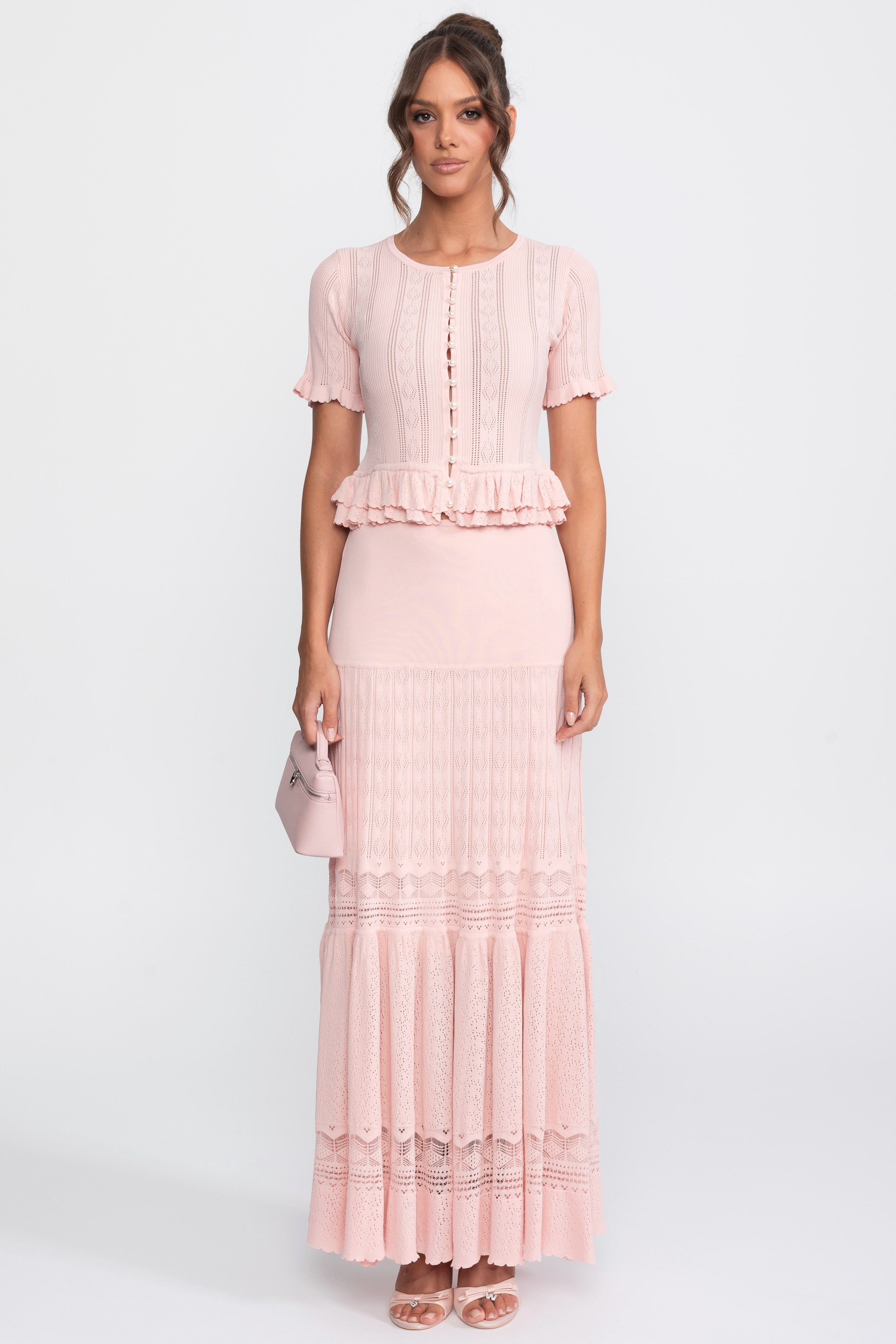 Ensemble coordonné en maille deux pièces avec taille à volants - Pink 