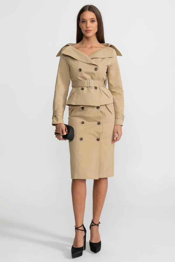 Ensemble coordonné veste trench peplum épaules dénudées et jupe crayon – Kaki 