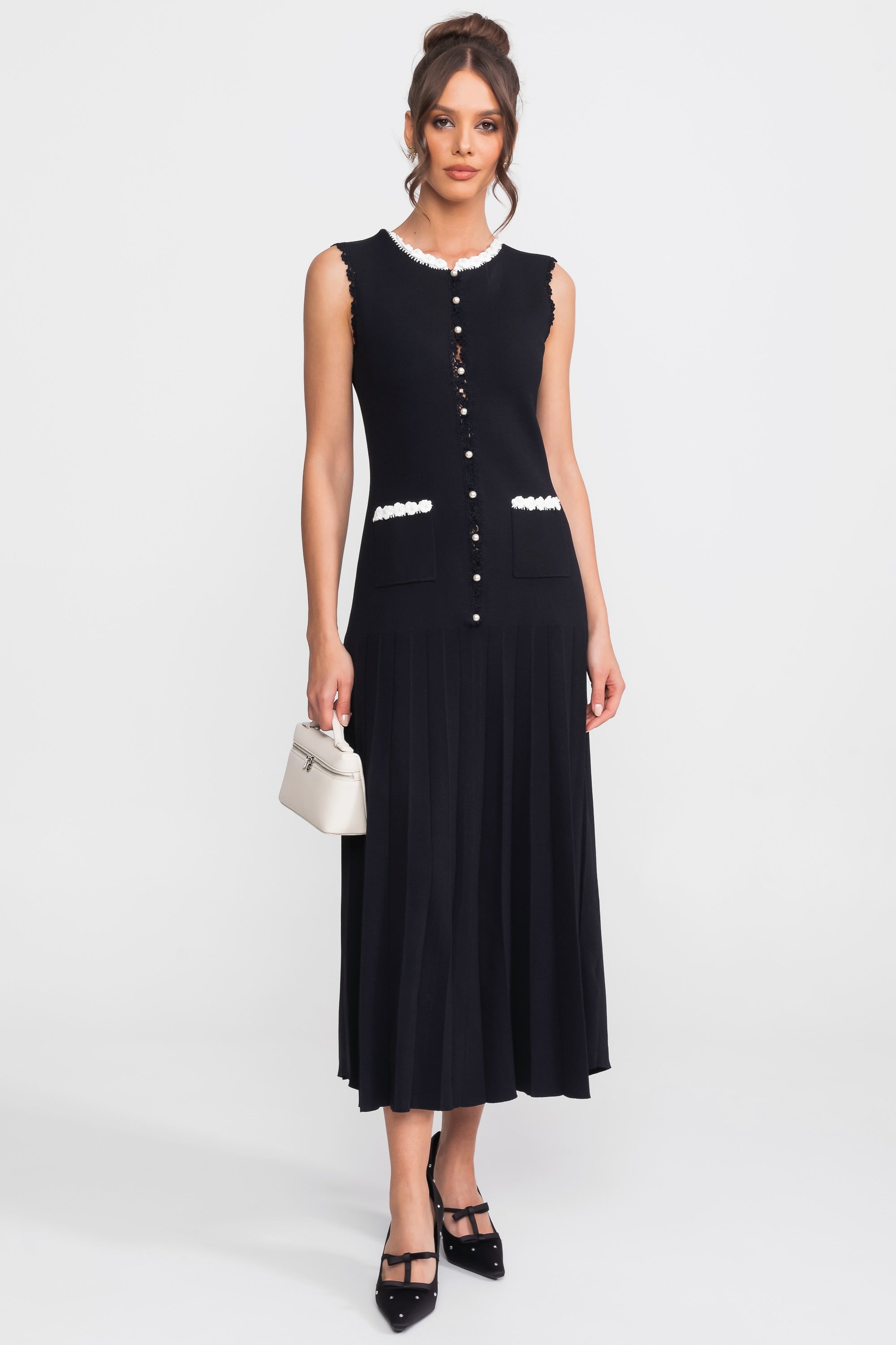 Robe midi sans manches avec détails en perles - Noir 