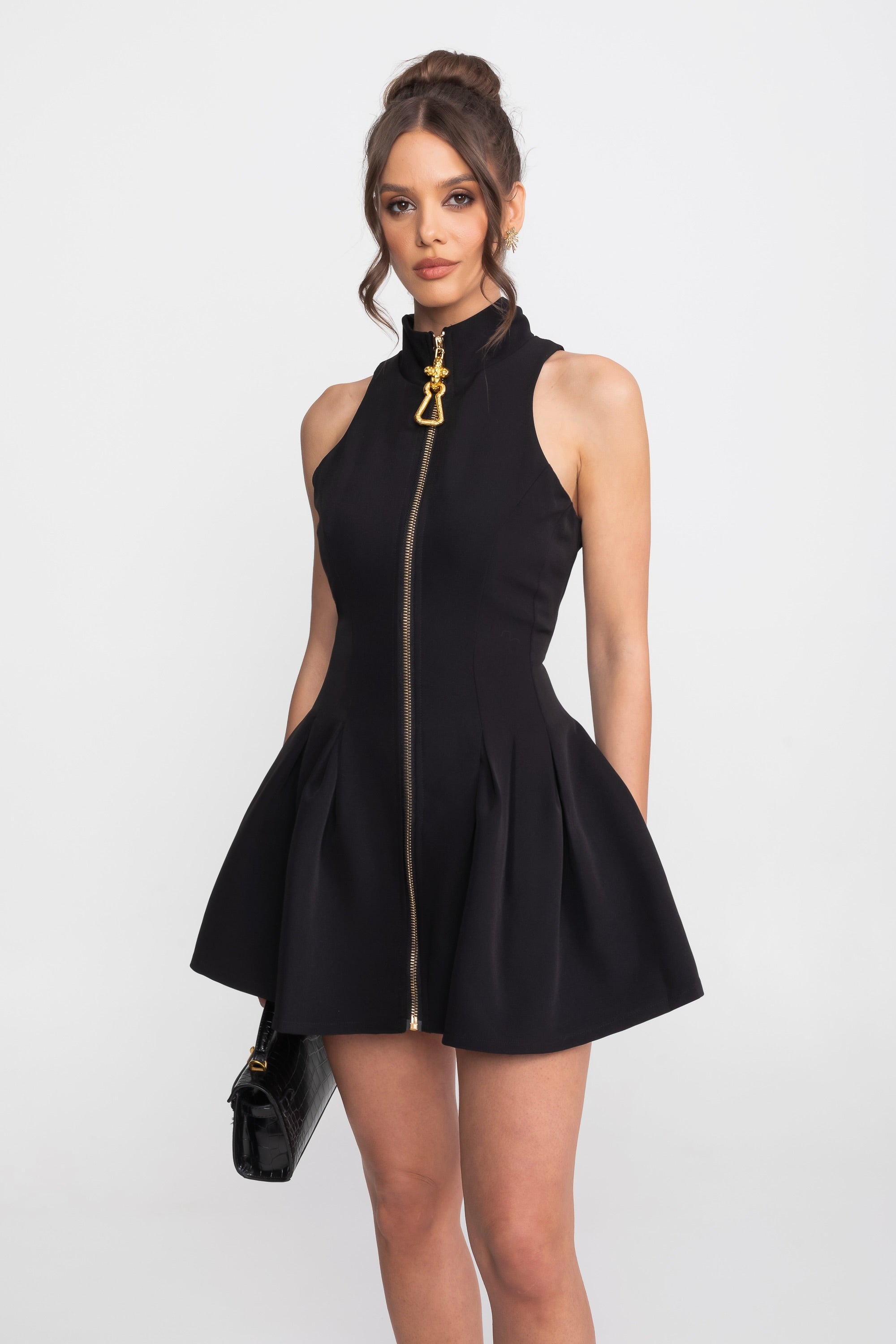 Robe mini sans manches avec fermeture éclair dorée sur le devant - Noir 