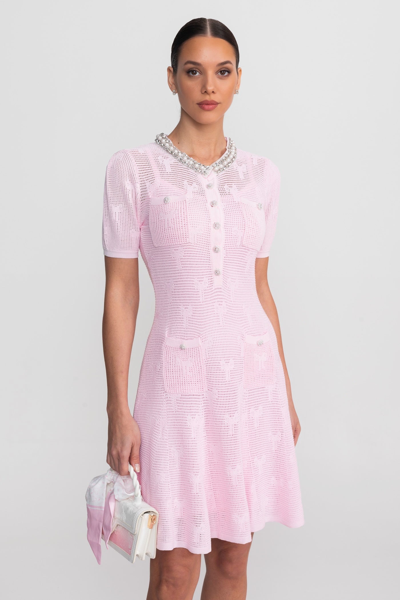 Textured Short Sleeve Mini Dress With Pearl Trim Neckline And Crystal Buttons - Pink