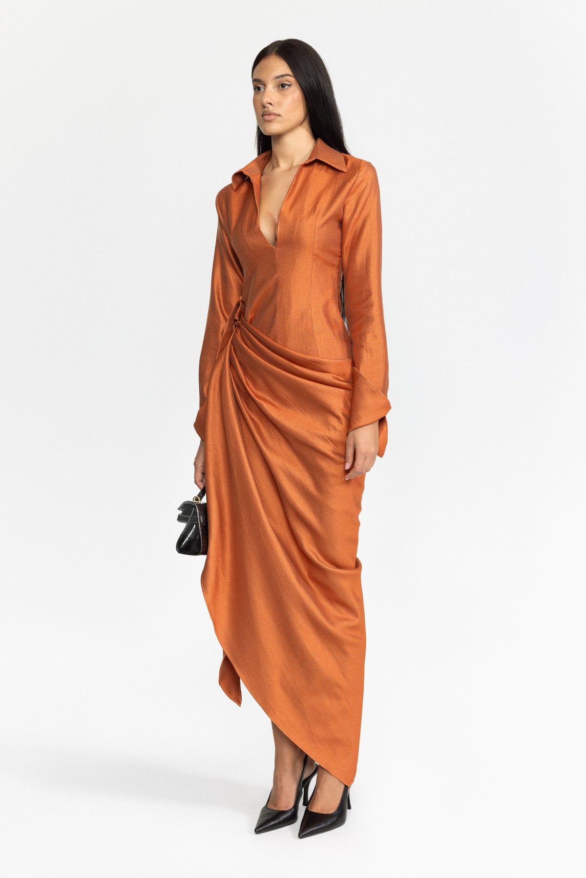 Robe longue portefeuille drapée à col plongeant - orange brûlé 