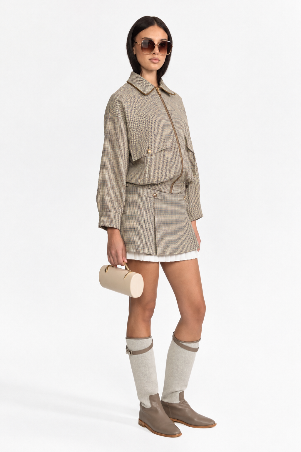 Ensemble bomber pied-de-poule et mini-jupe plissée - Beige 