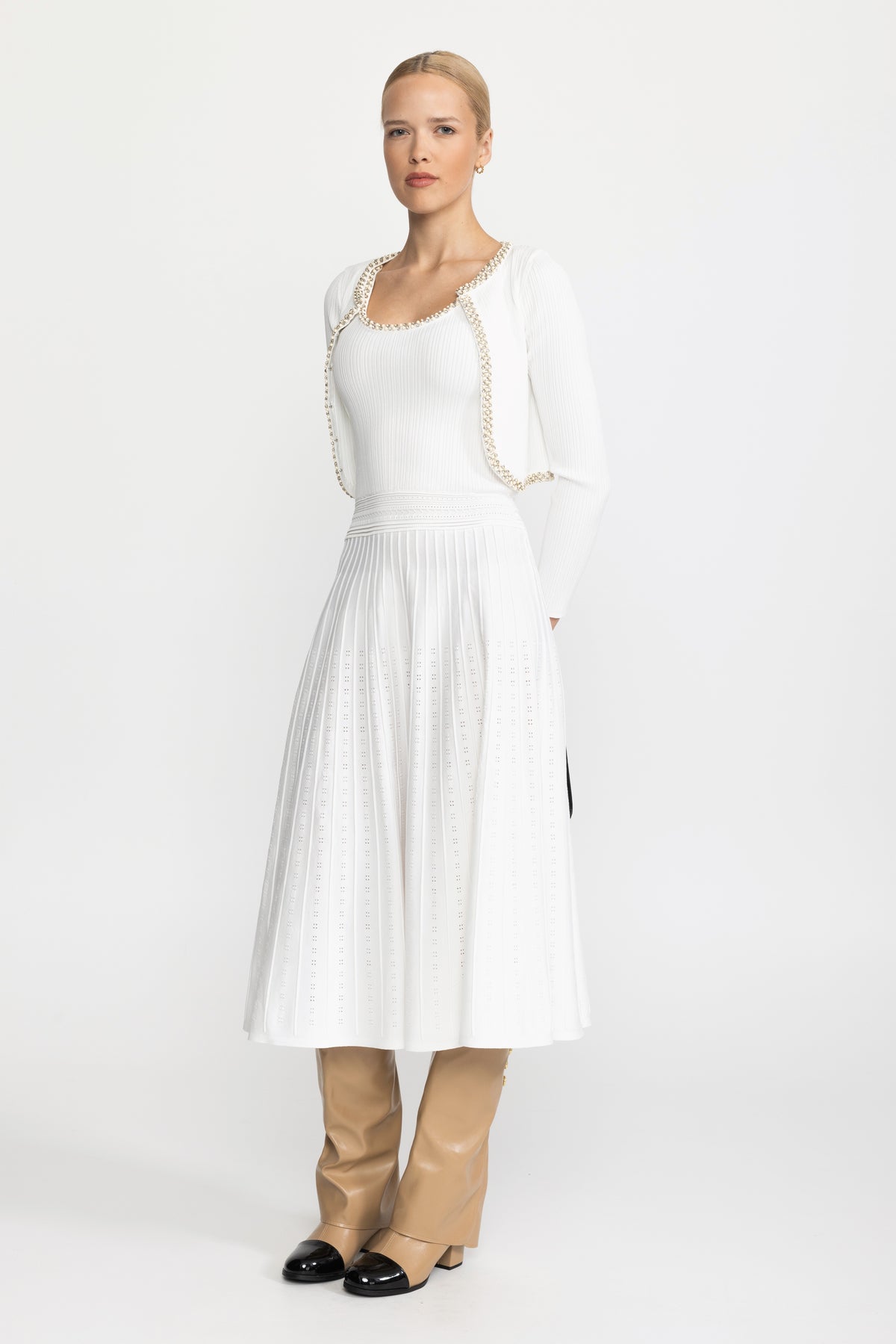 Robe midi en maille à débardeur bordée de perles avec boléro - Blanc 
