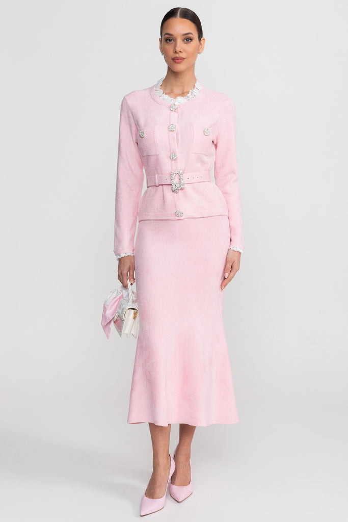Ensemble à manches longues avec corsage en maille ajustée et détail de boutons en cristal - Blush Pink 