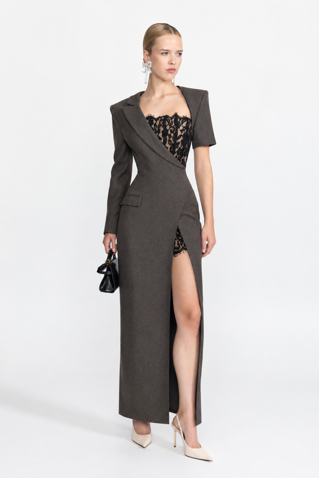 Lace Bustier Asymmetric Blazer Maxi Dress - Charcoal