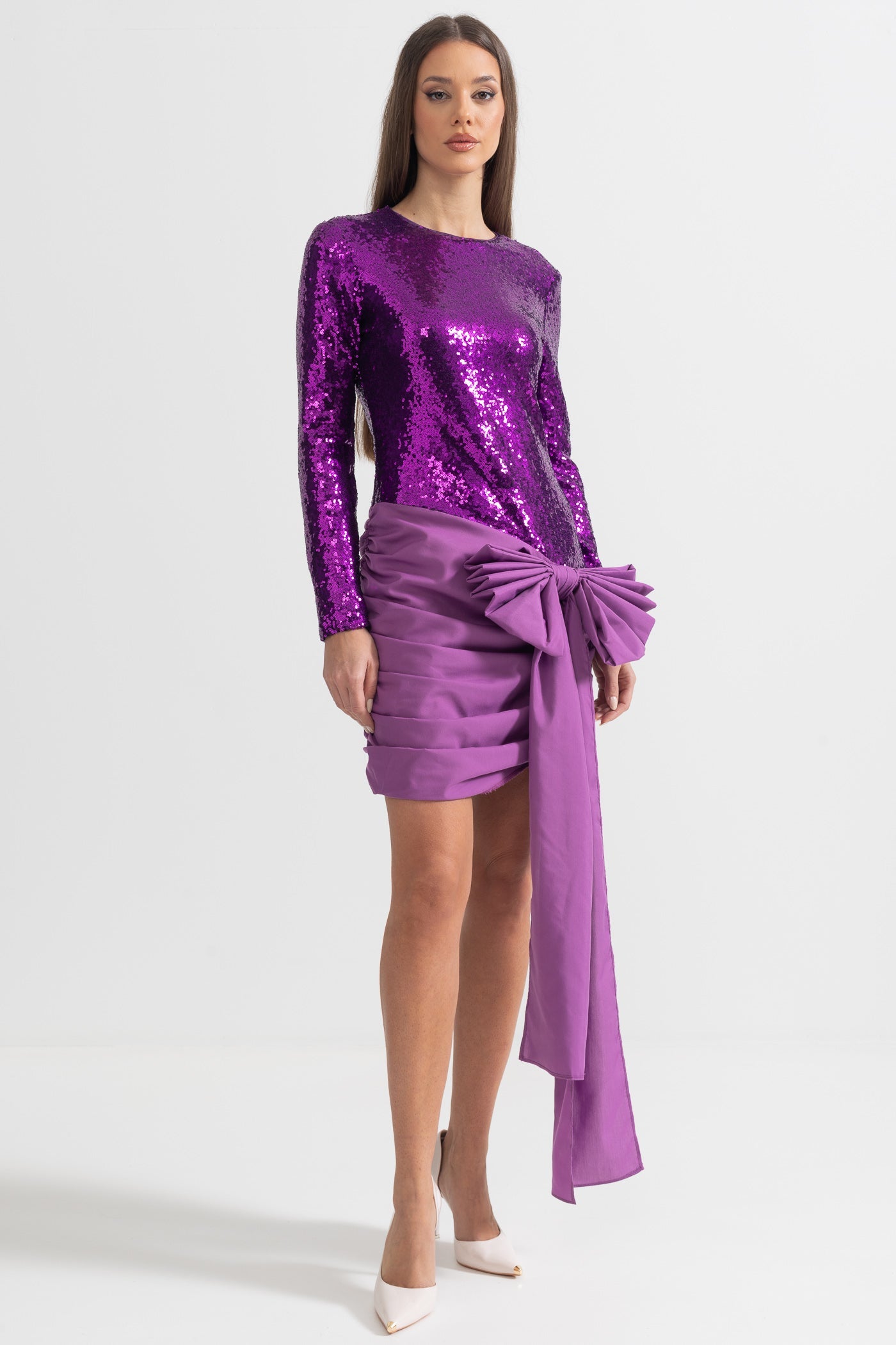 Robe élégante à paillettes avec nœud asymétrique - Violet 