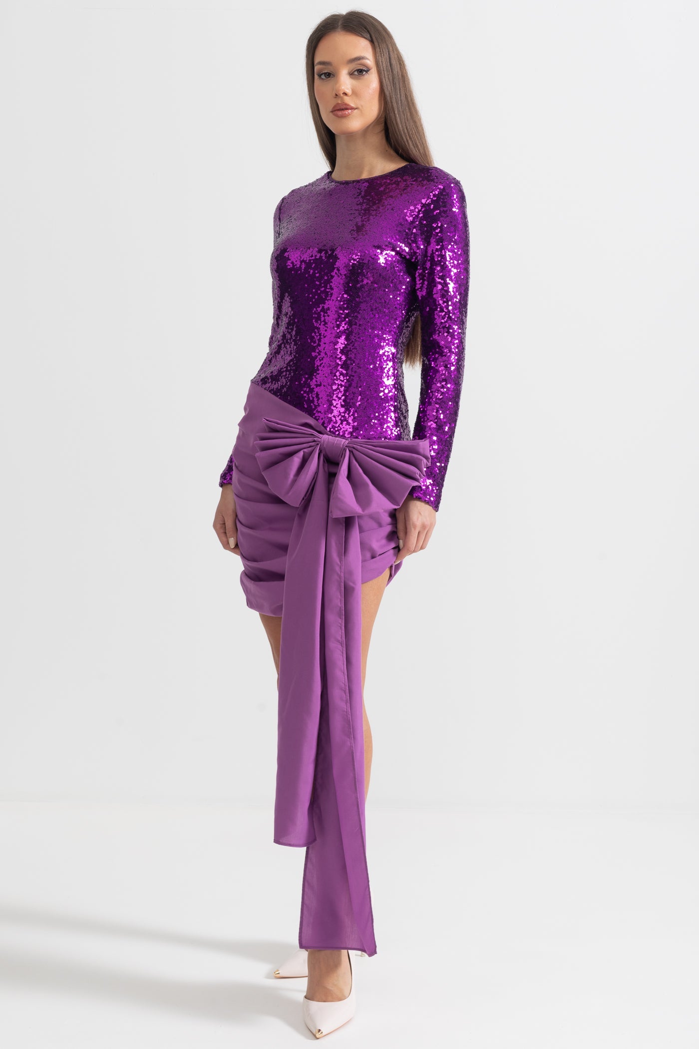 Robe élégante à paillettes avec nœud asymétrique - Violet 