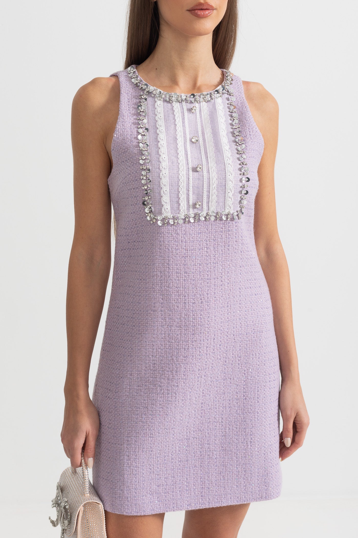 Robe Mini Texturée avec Ornements en Sequins et Dentelle - Violet 