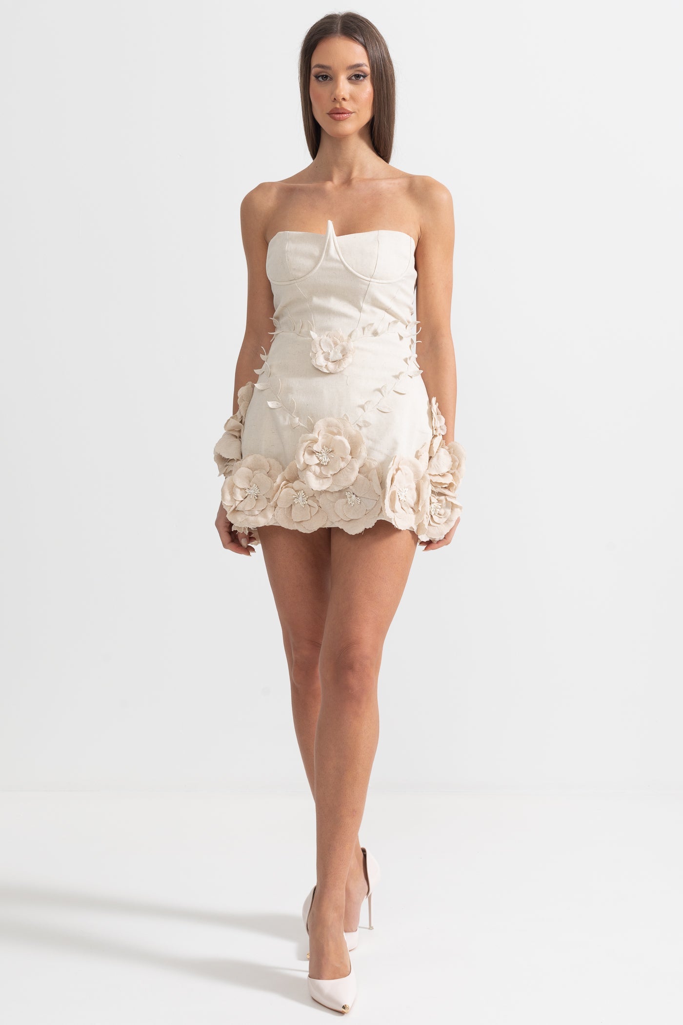 Robe Bustier avec Appliqués Floraux 3D - Ivoire 
