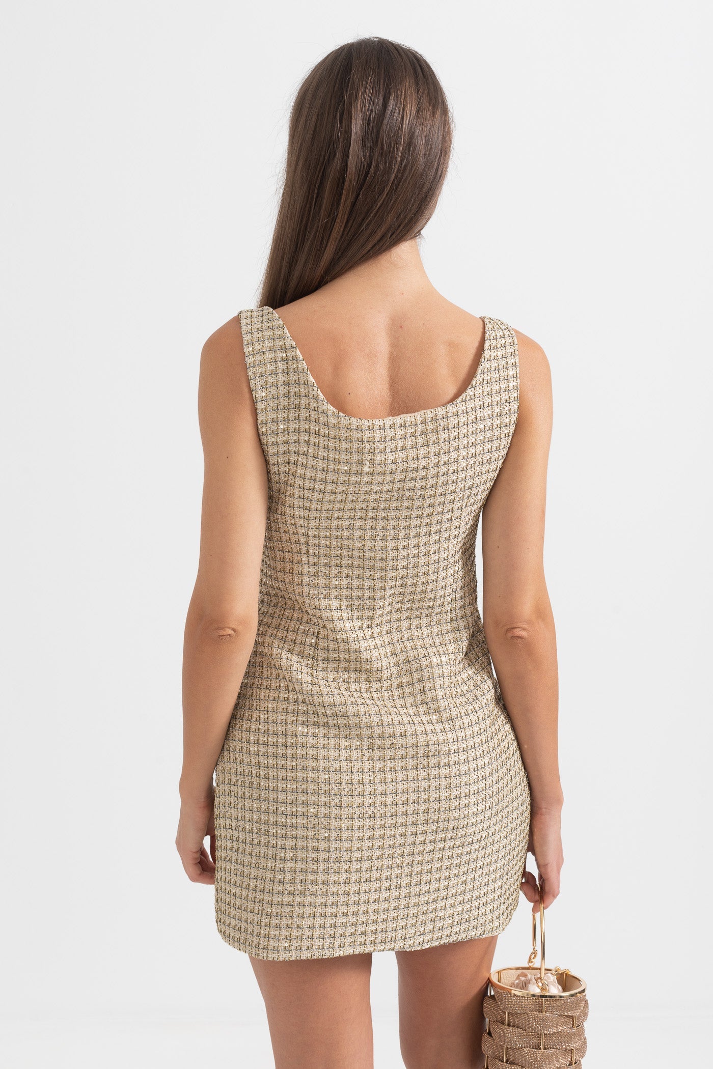 Robe courte à motifs avec boutons décoratifs dorés - Or 