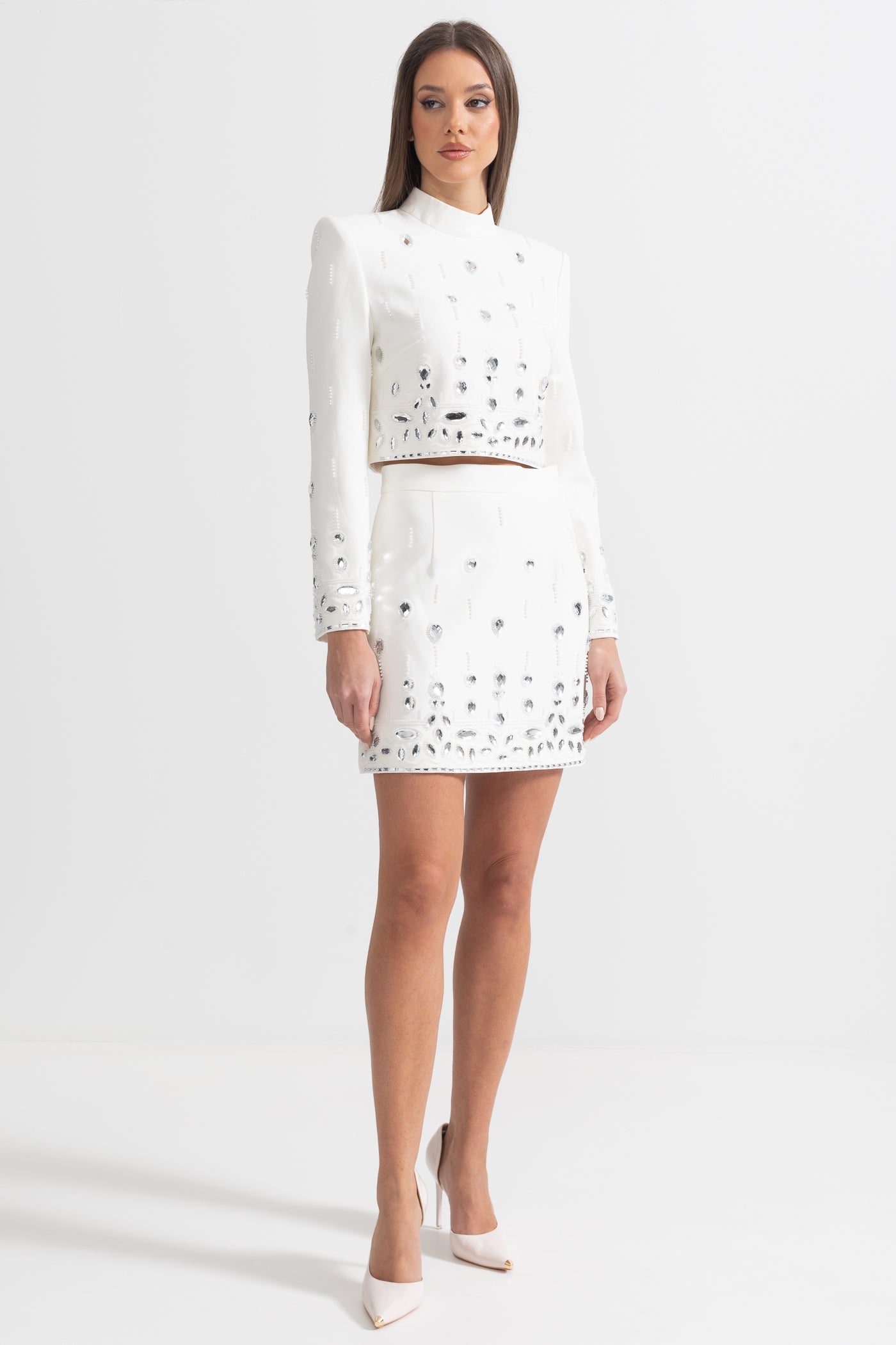 Co-ord orné de diamants avec mini-jupe - Blanc 