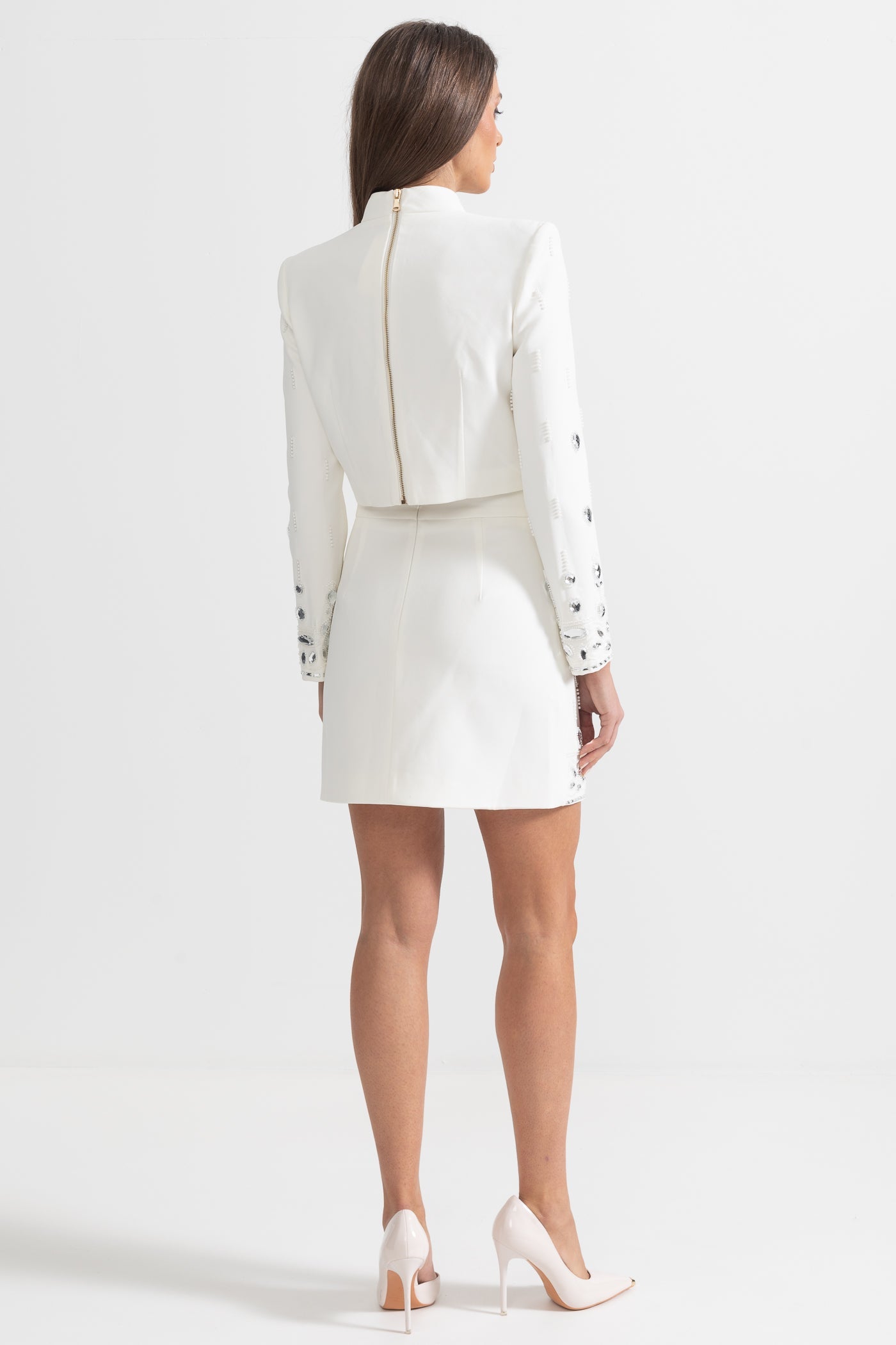 Co-ord orné de diamants avec mini-jupe - Blanc 