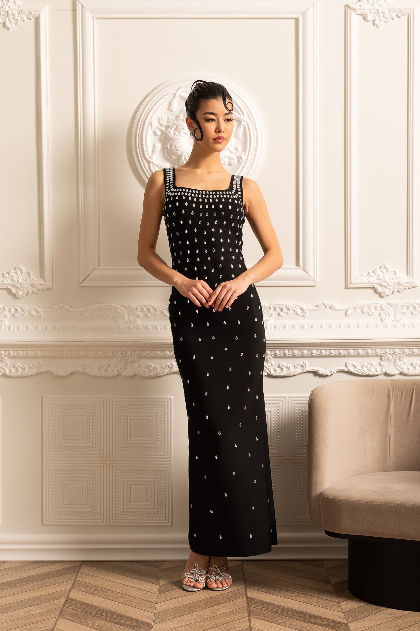 Robe Ajustée Ornée de Délicats Cristaux - Noir 