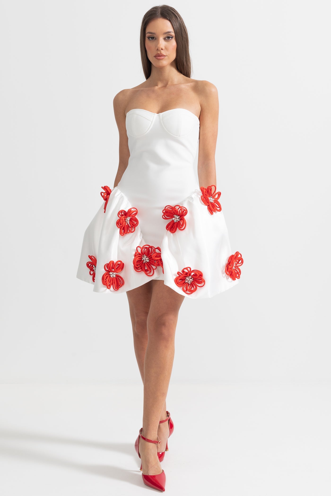 Robe Mini Élégante Avec Ornements Floraux 3D Argentés - Blanc 