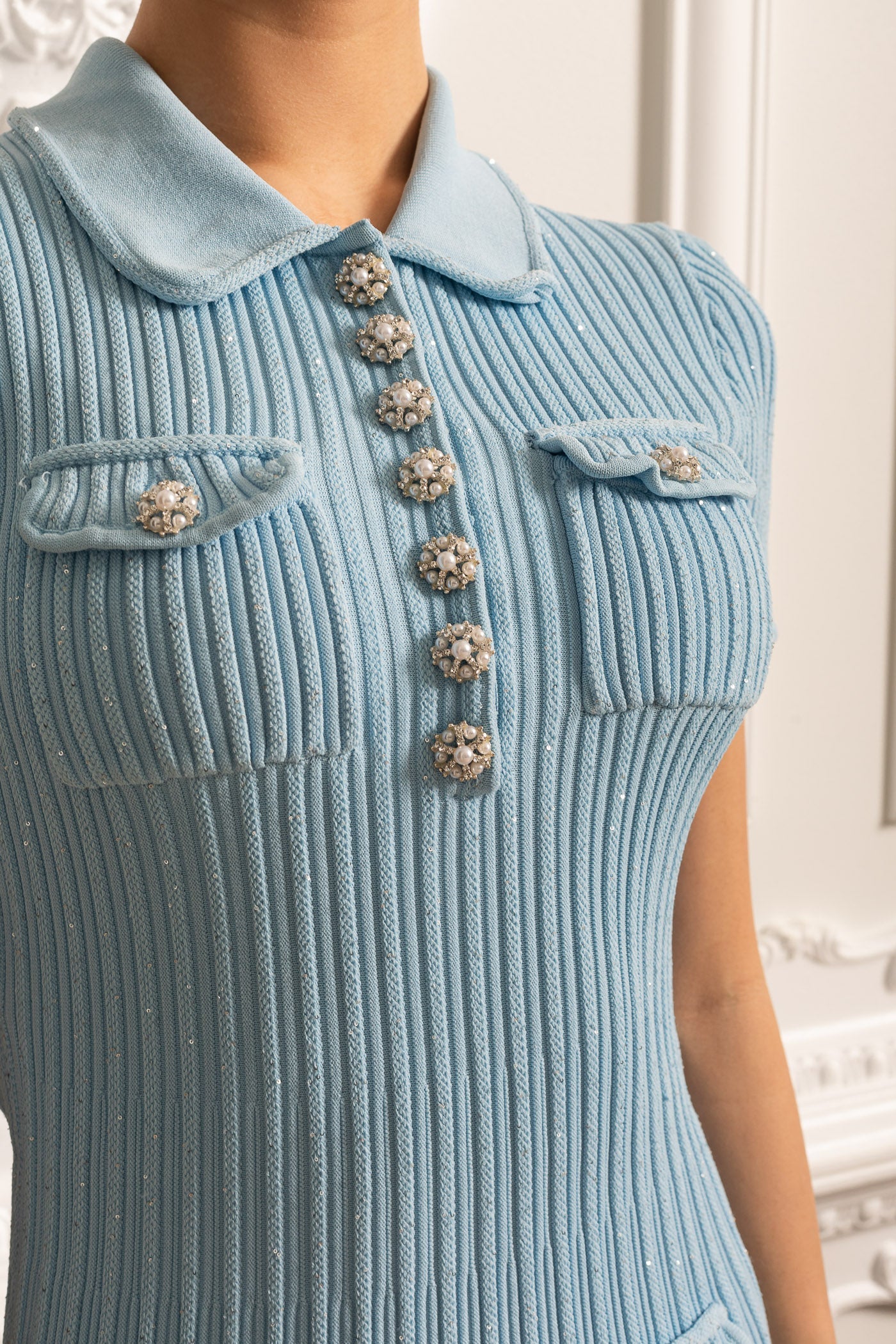 Robe taille fine à manches courtes avec motif diamant - Baby Blue 