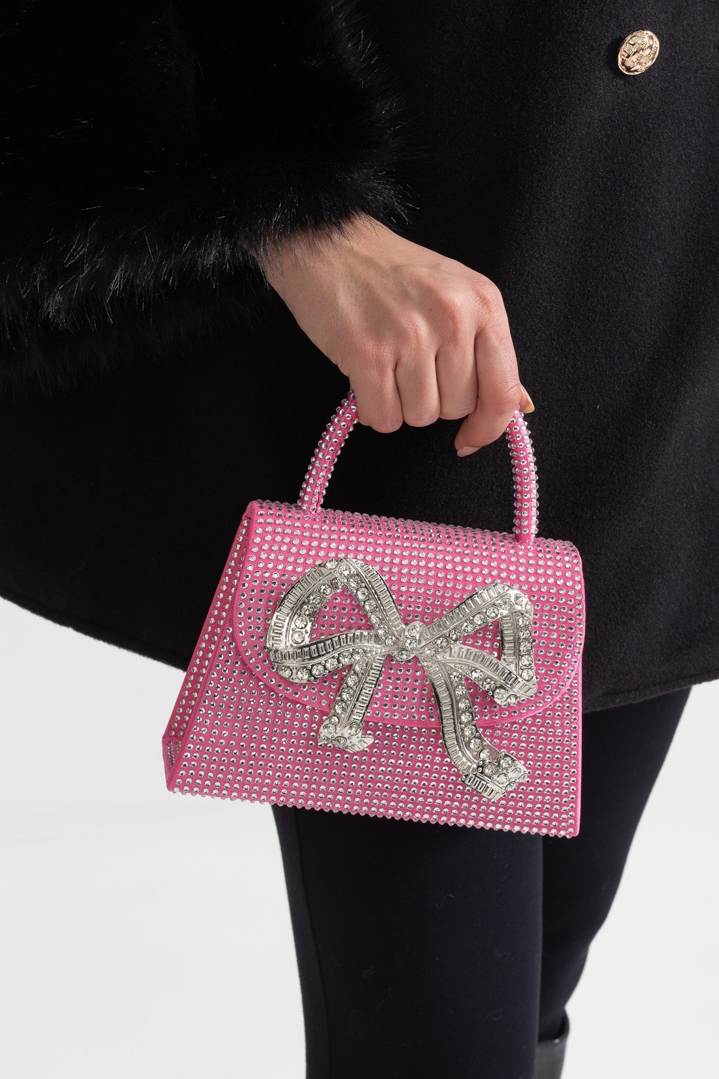 Pochette étincelante en strass avec nœud métallique décoratif - Rose 