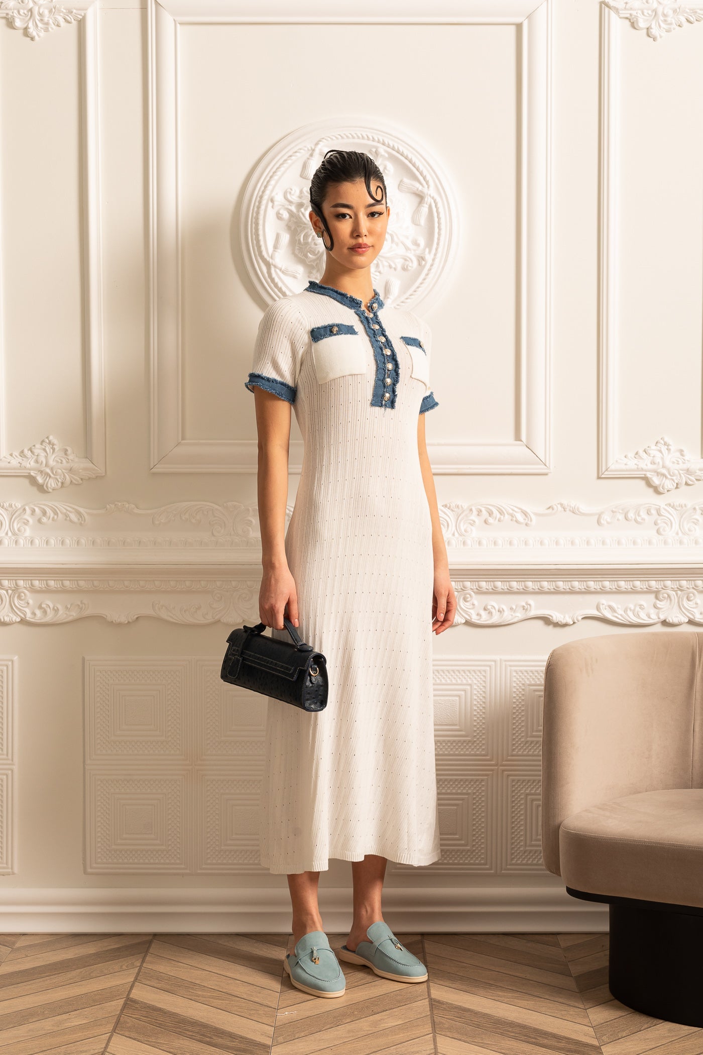 Ribbed Knit Midi Dress - White