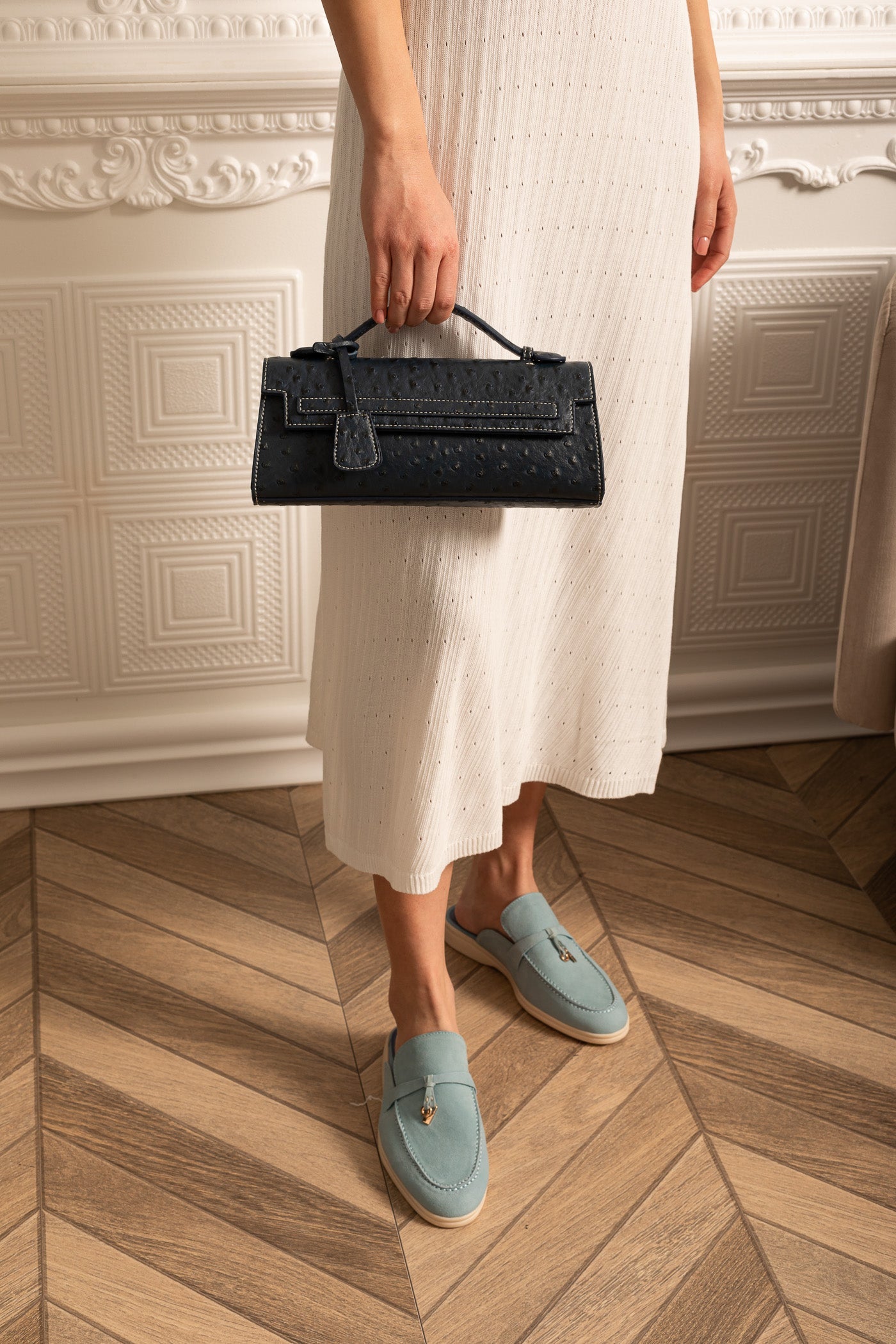 Sac à main rectangulaire sophistiqué avec motif à pois - Bleu foncé 