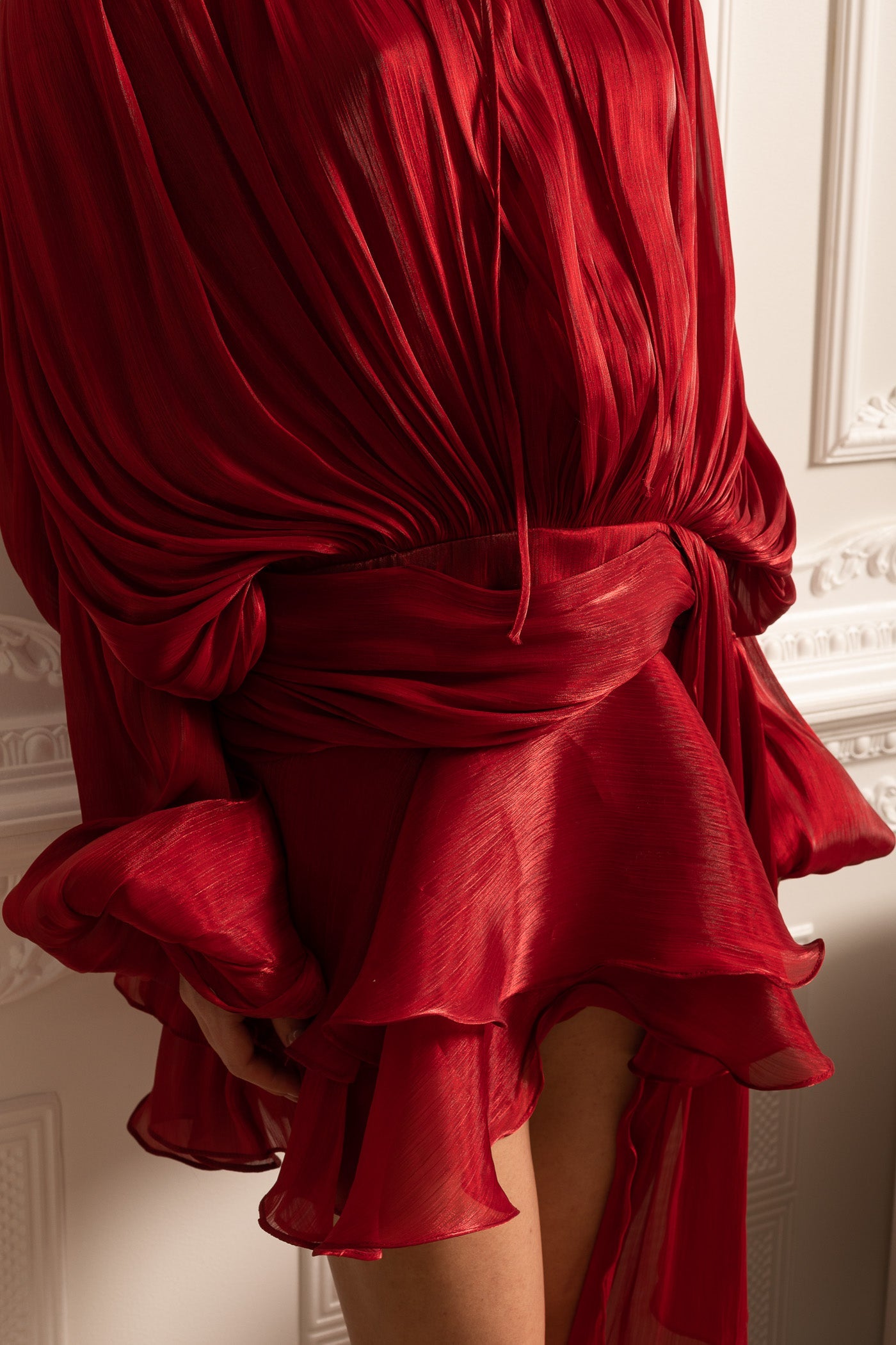 Robe longue drapée à manches longues avec mini-jupe et ceinture froncée - Rouge 