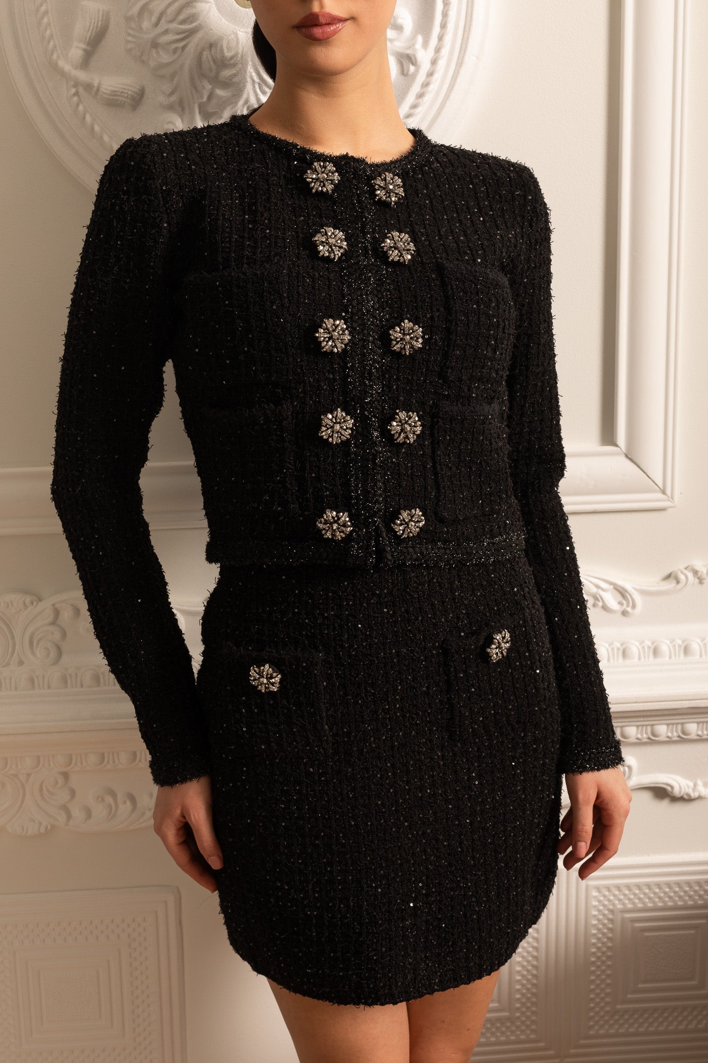 Knit Co-Ord Set With Long Sleeved Jacket and Mini Skirt - Black