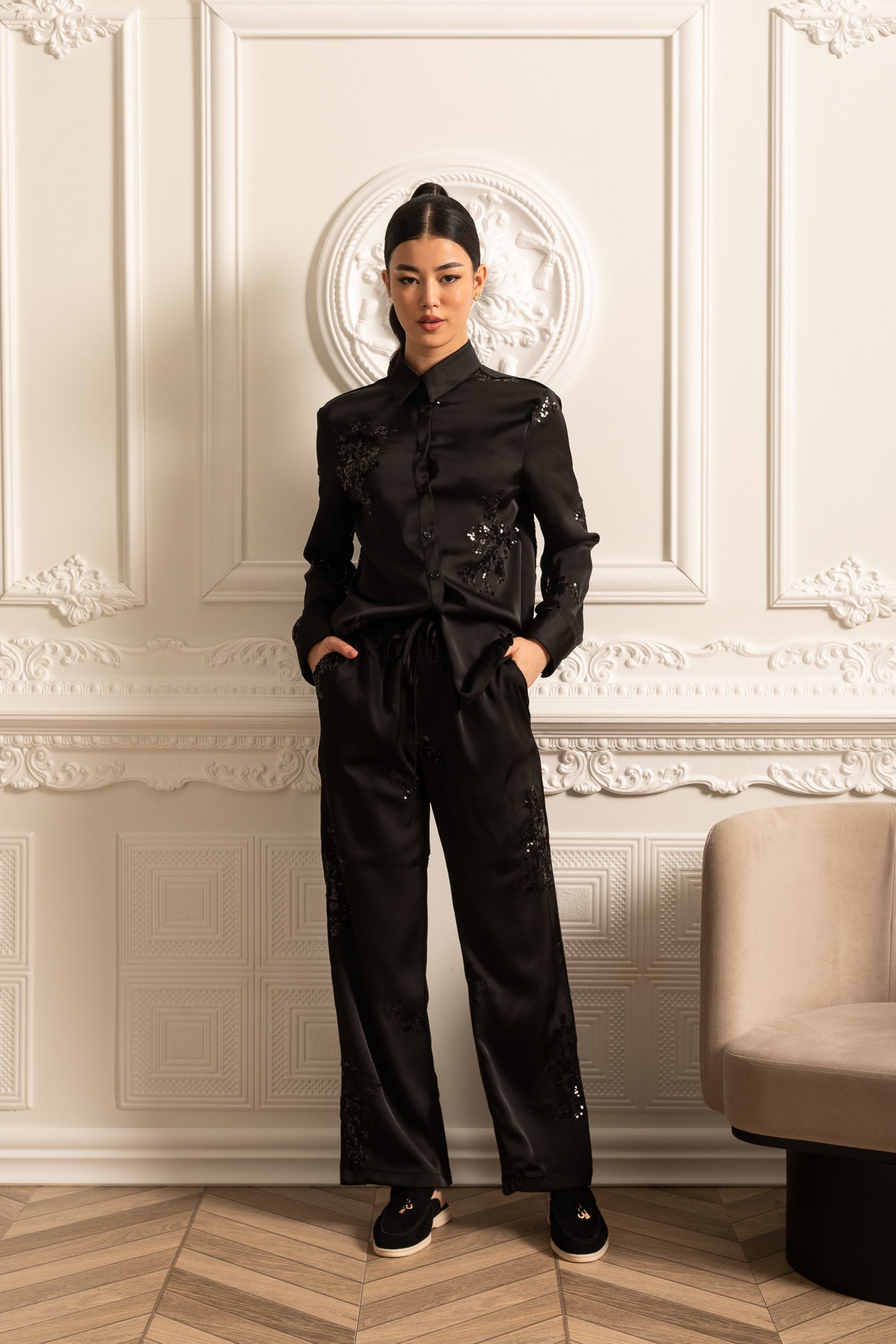 Sequin Embellished Satin Set With Long Sleeved Shirt And Coordinated Pants - Black