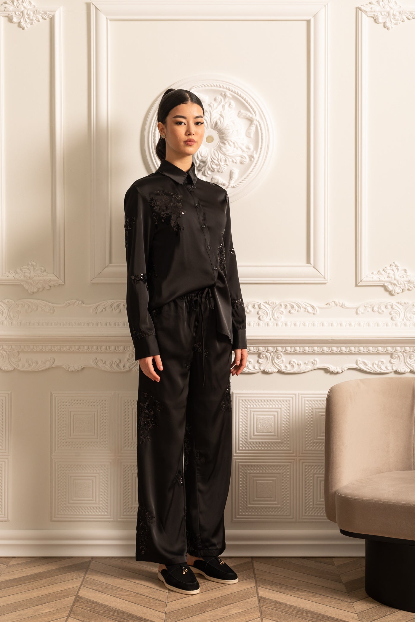 Sequin Embellished Satin Set With Long Sleeved Shirt And Coordinated Pants - Black