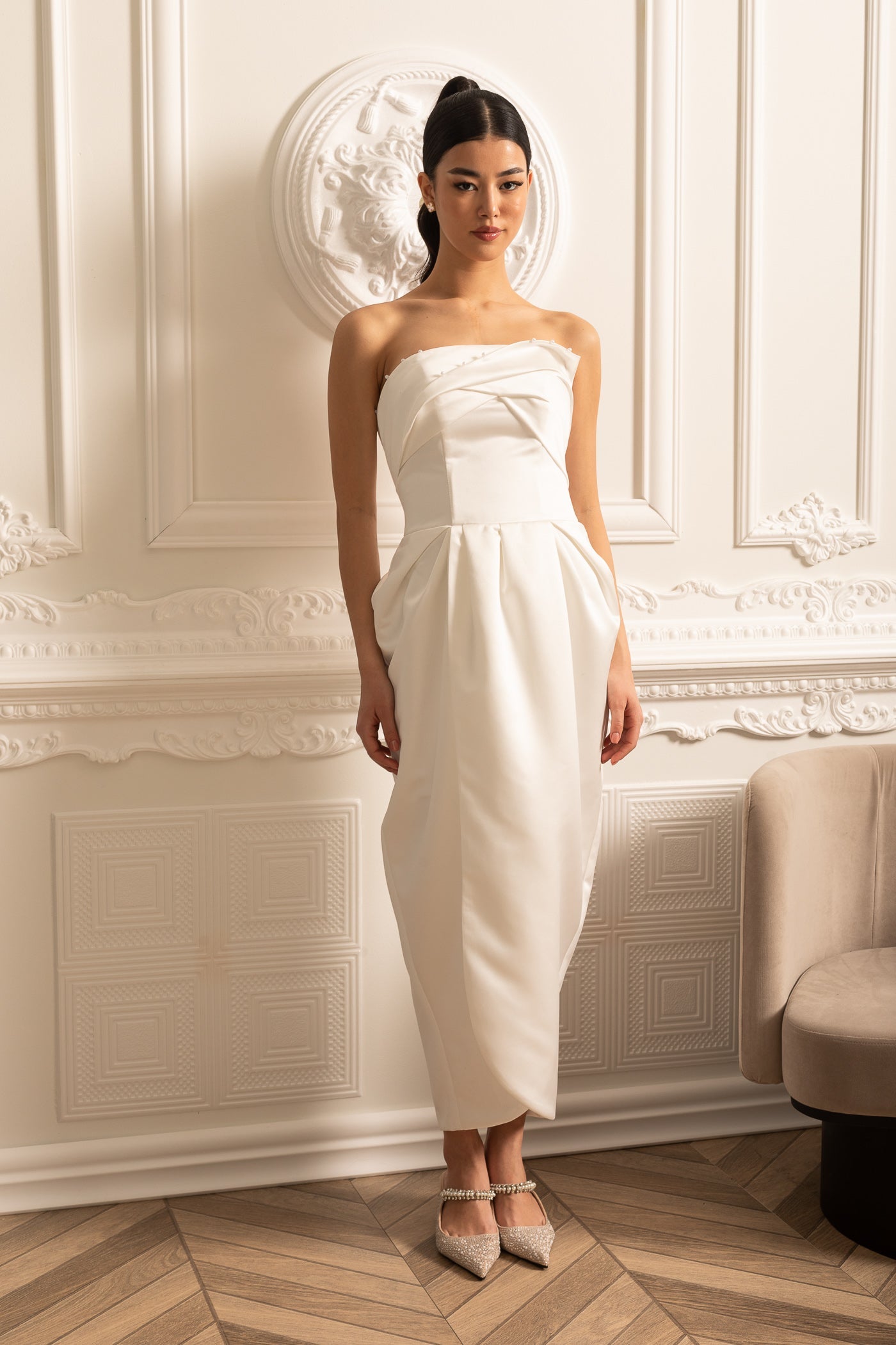 Strapless Midi Dress With Ruched Chest Detailing - White