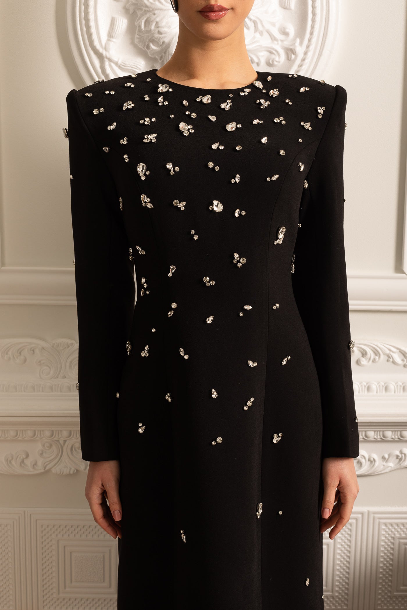 Robe longue élégante avec ornements scintillants - Noir 