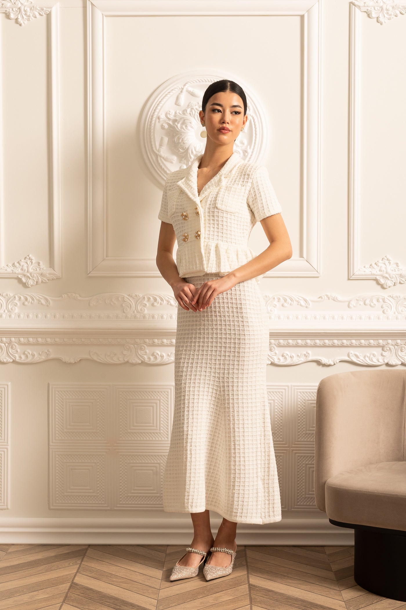 Knitted Midi Dress With Gold Buttons And Peplum Waist - White