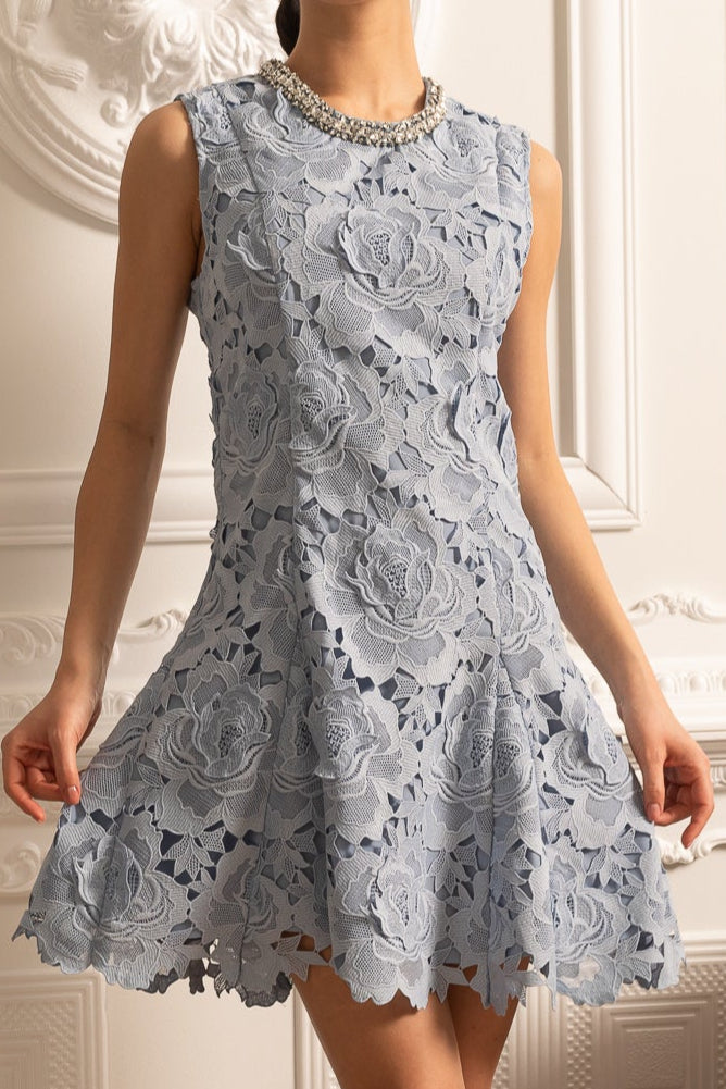 Floral Pattern Lace Mini Dress With Sparkling Neckline  - Blue