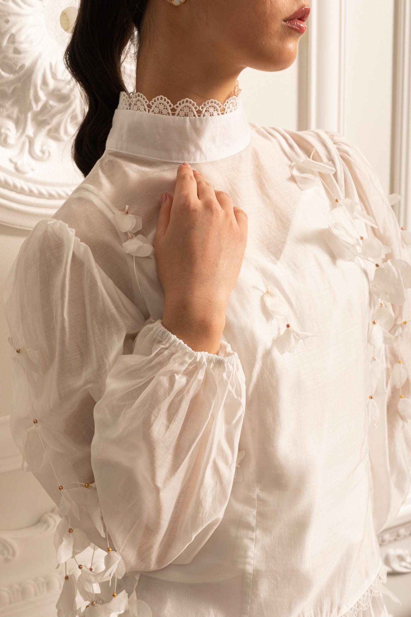 Elegant Floral Co-Ord With Delicate Lace Trim Accents - White