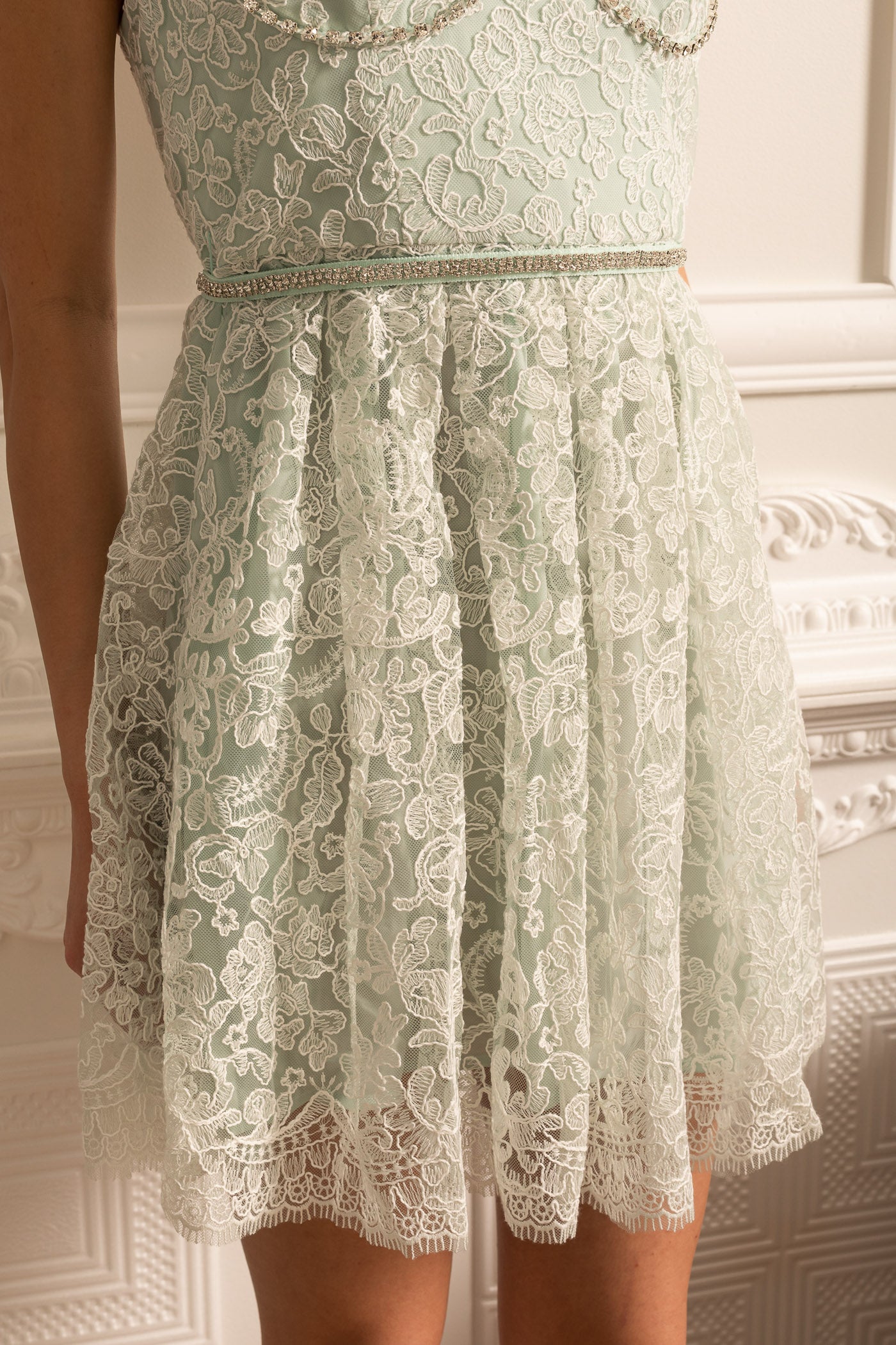 Mini Dress With Lace Floral Pattern And Sparkling Details - Mint Green