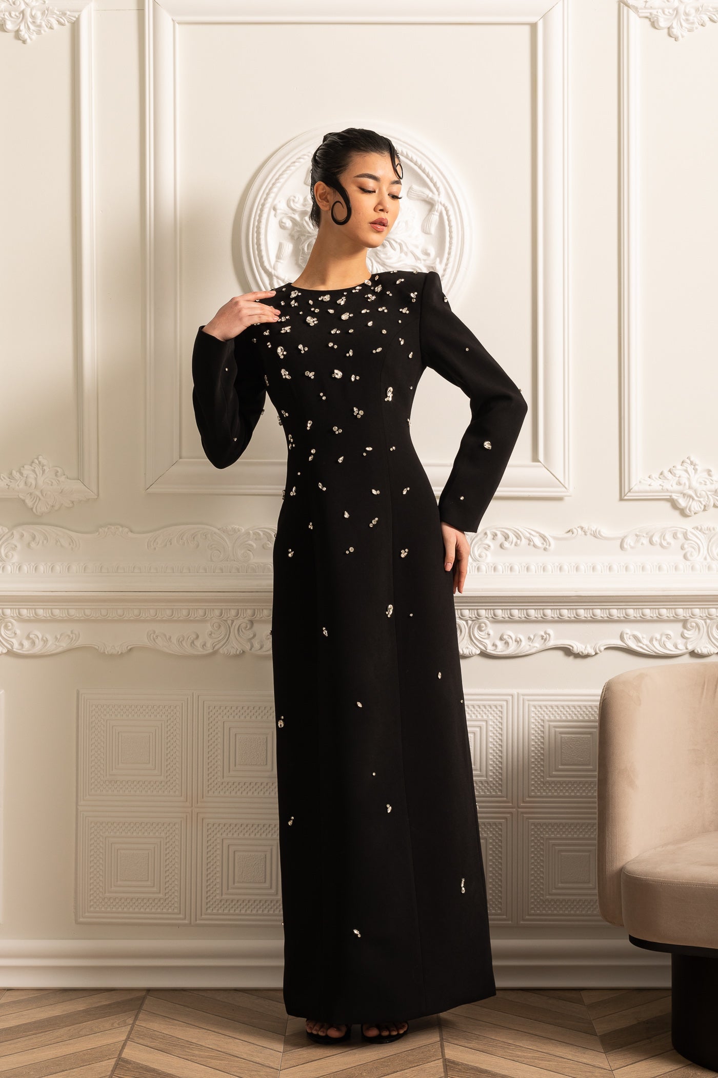 Robe longue élégante avec ornements scintillants - Noir 