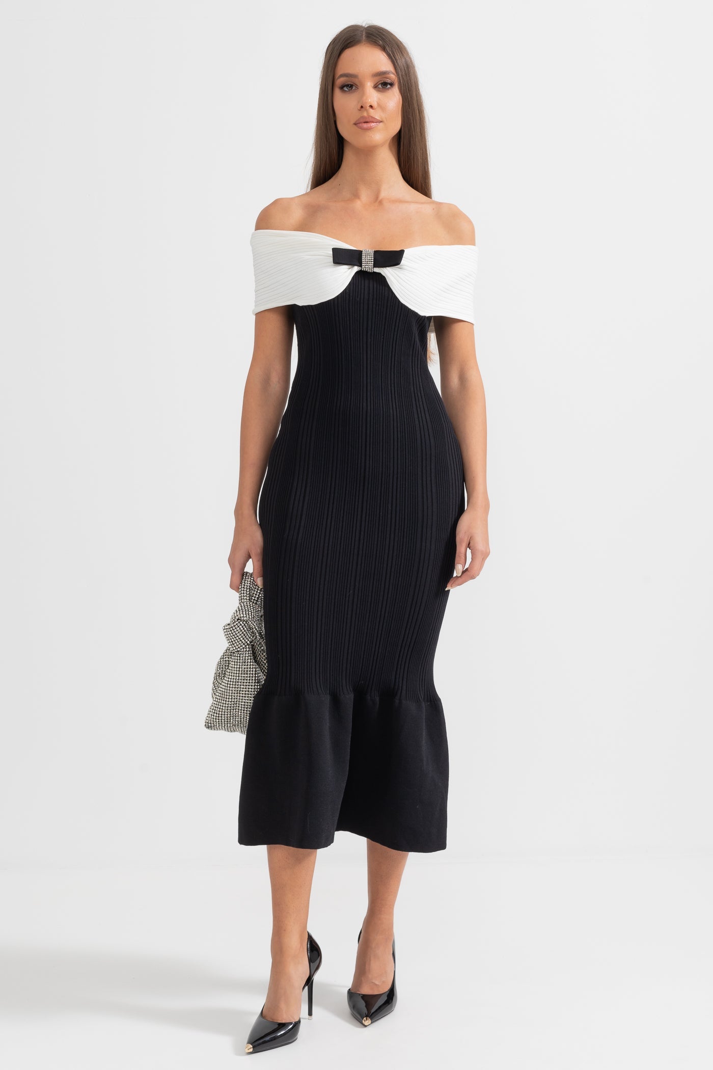 Robe midi sirène sophistiquée avec nœud - Noir 