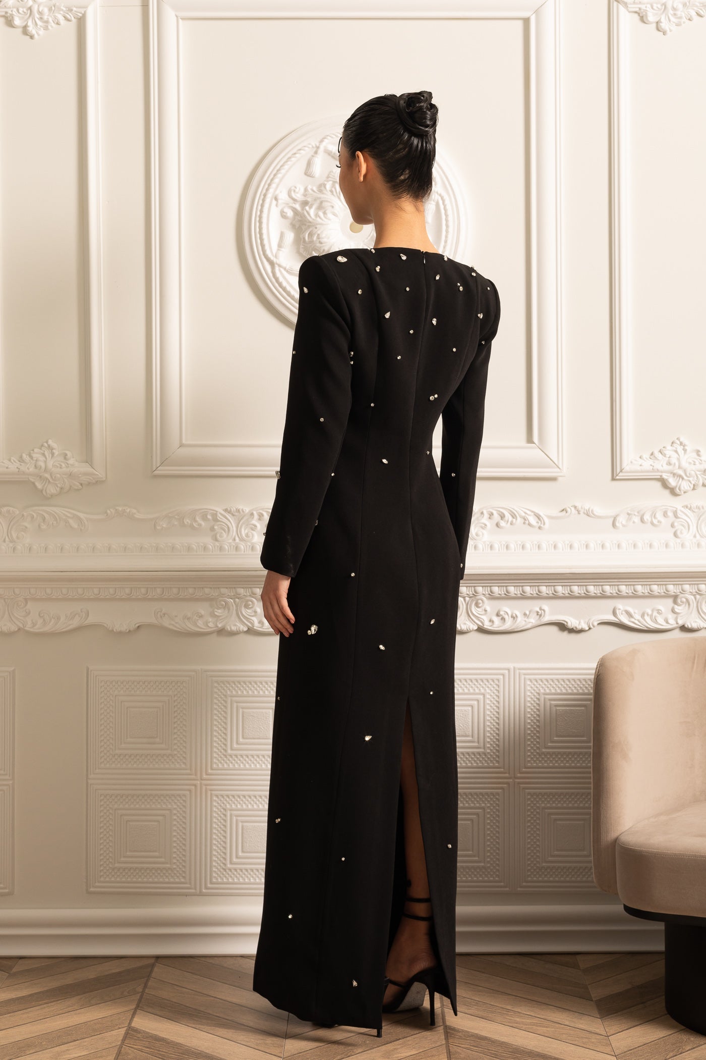 Robe longue élégante avec ornements scintillants - Noir 