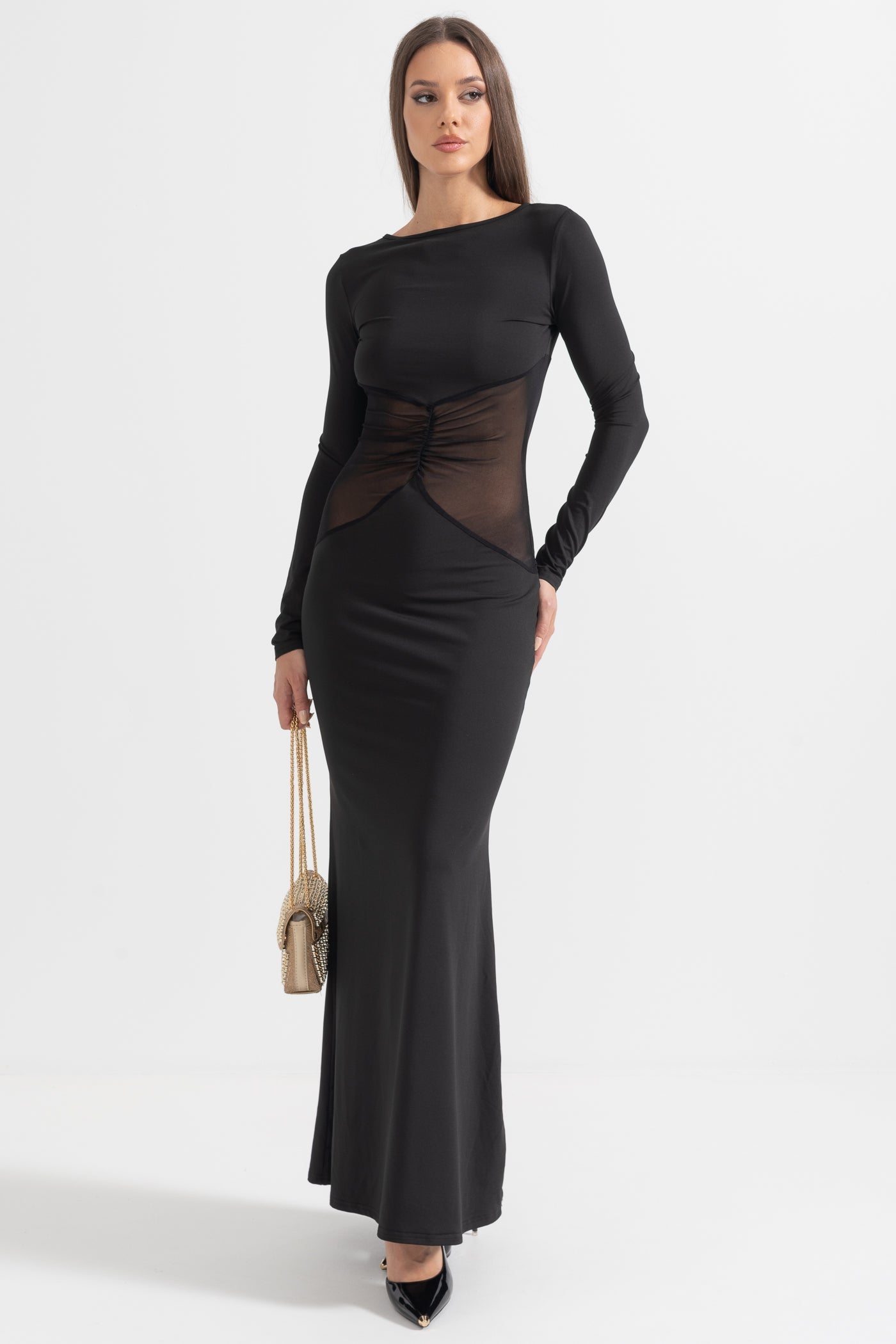Robe longue élégante avec taille transparente - Noir 