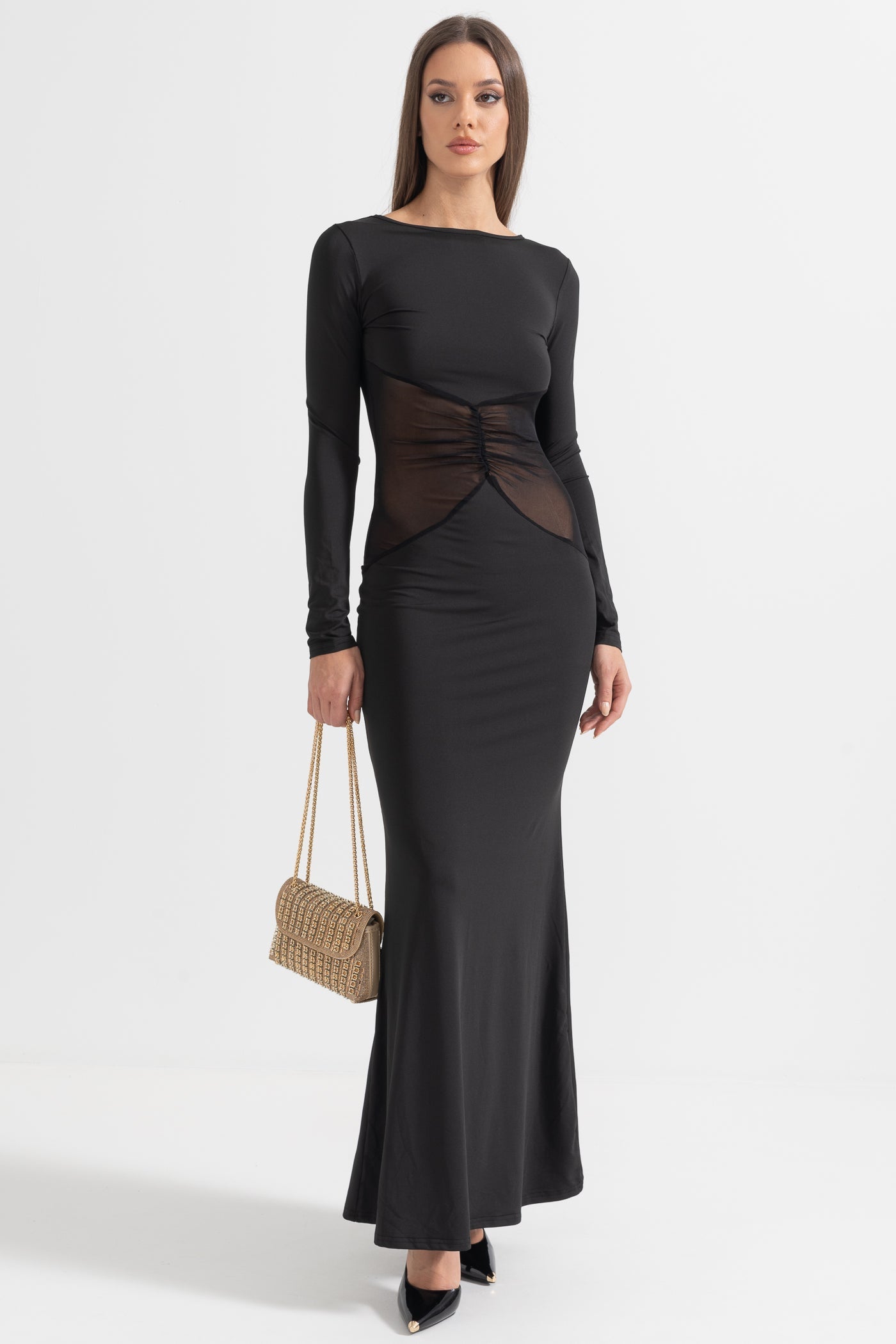 Robe longue élégante avec taille transparente - Noir 