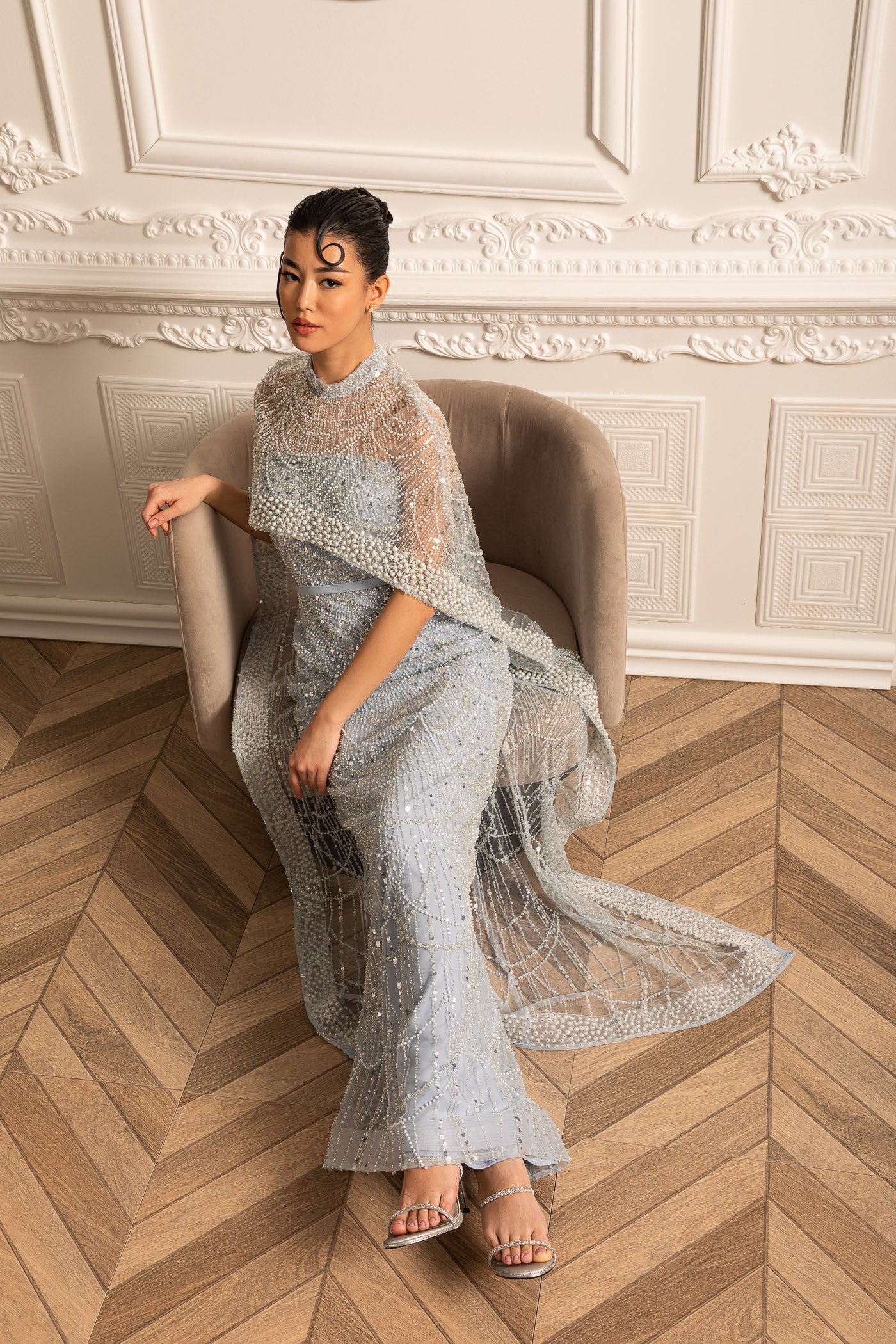 Glamourous Beaded Gown With Detachable Veil - Blue