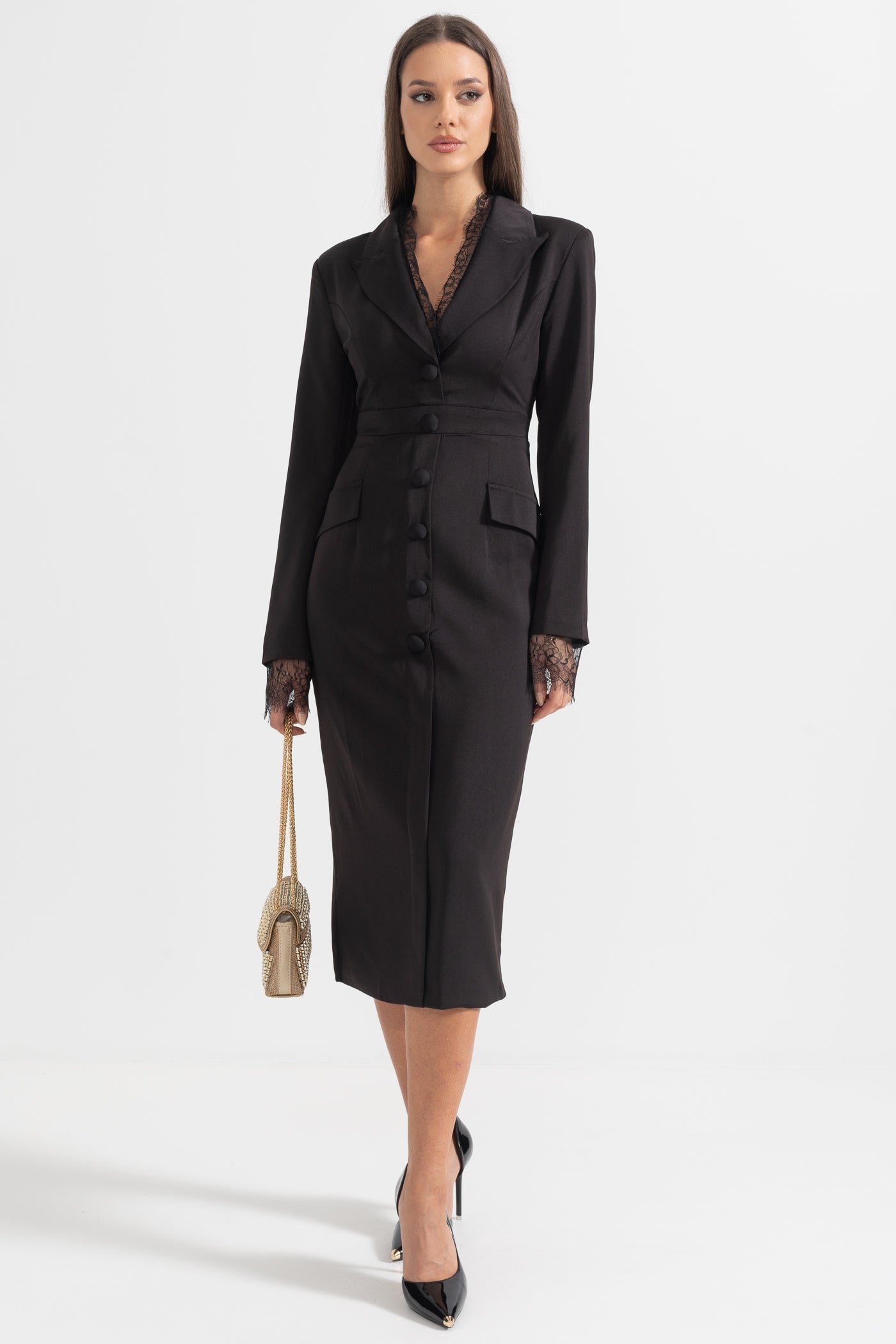 Robe Élégante Boutonnée Avec Détails en Dentelle - Noir 