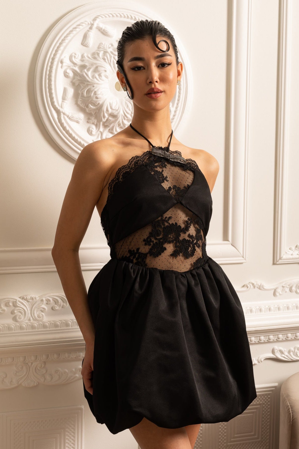 Mini Dress With Ruffled Skirt And Sheer Floral Lace Patterns - Black